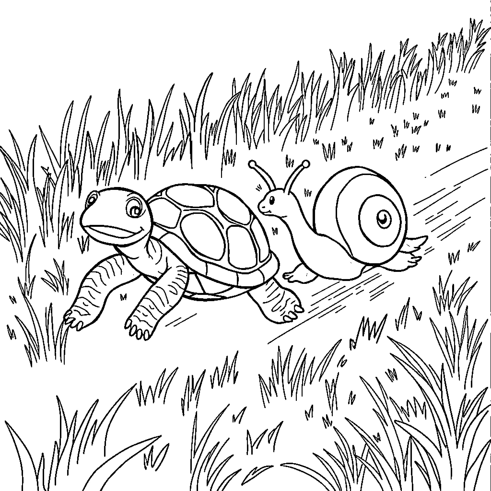 Turtle exploring the lush grassland Coloring Page (free black-and-white line drawing printable PDF for all, from beginners to advanced learners, including children, teens, adults, and seniors)