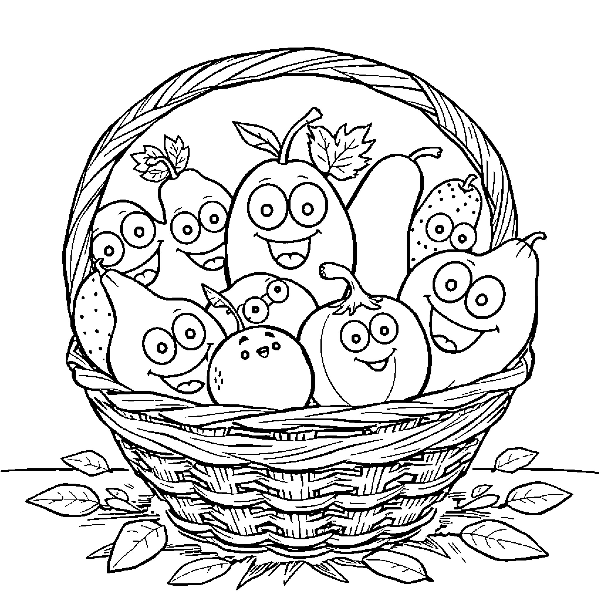 Fruit basket filled with playful cartoon characters Coloring Page (free black-and-white line drawing printable PDF for all, from beginners to advanced learners, including children, teens, adults, and seniors)