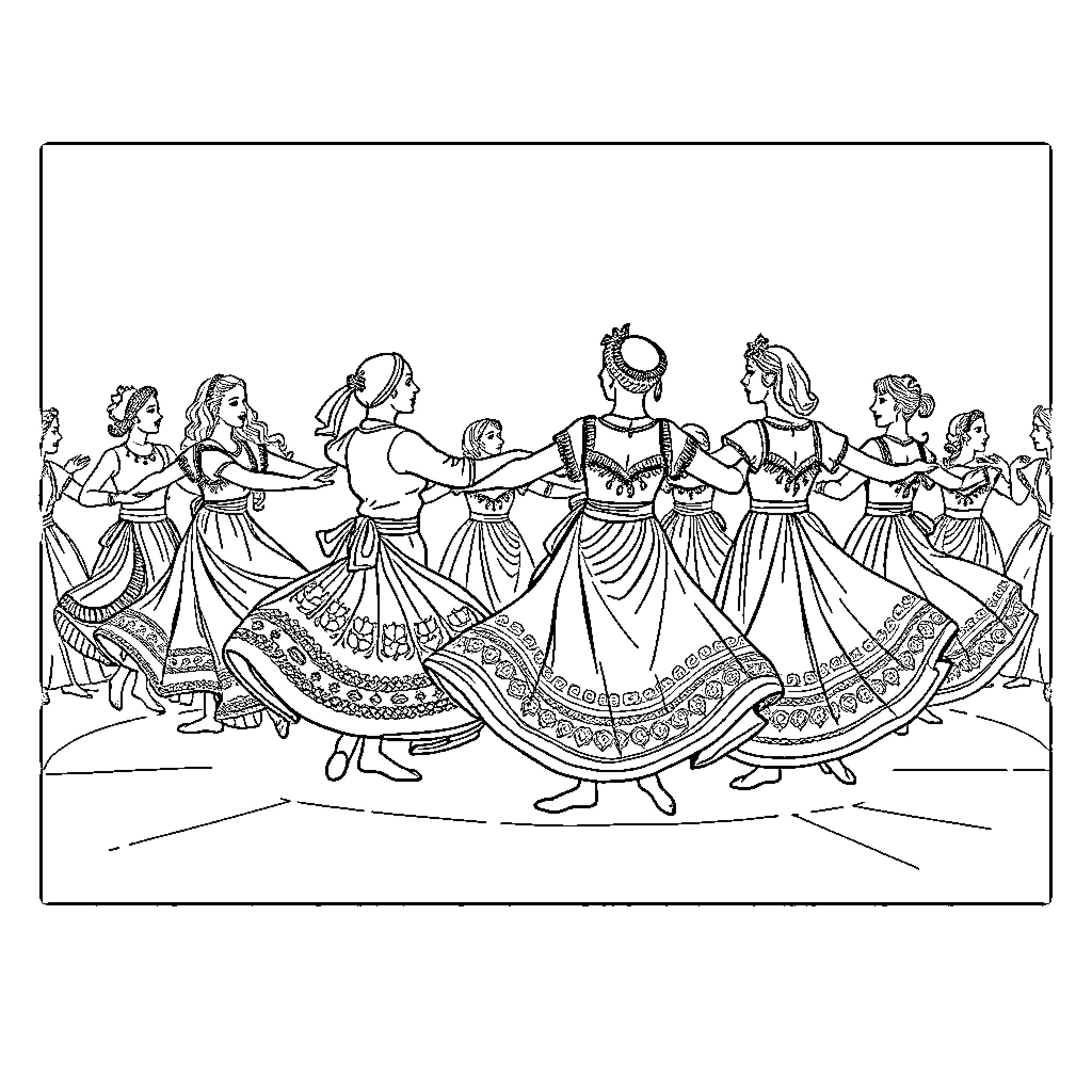 Turkish Dance: Vibrant Folk Performance with Ornate Costumes Coloring Page (free black-and-white line drawing printable PDF for all, from beginners to advanced learners, including children, teens, adults, and seniors)