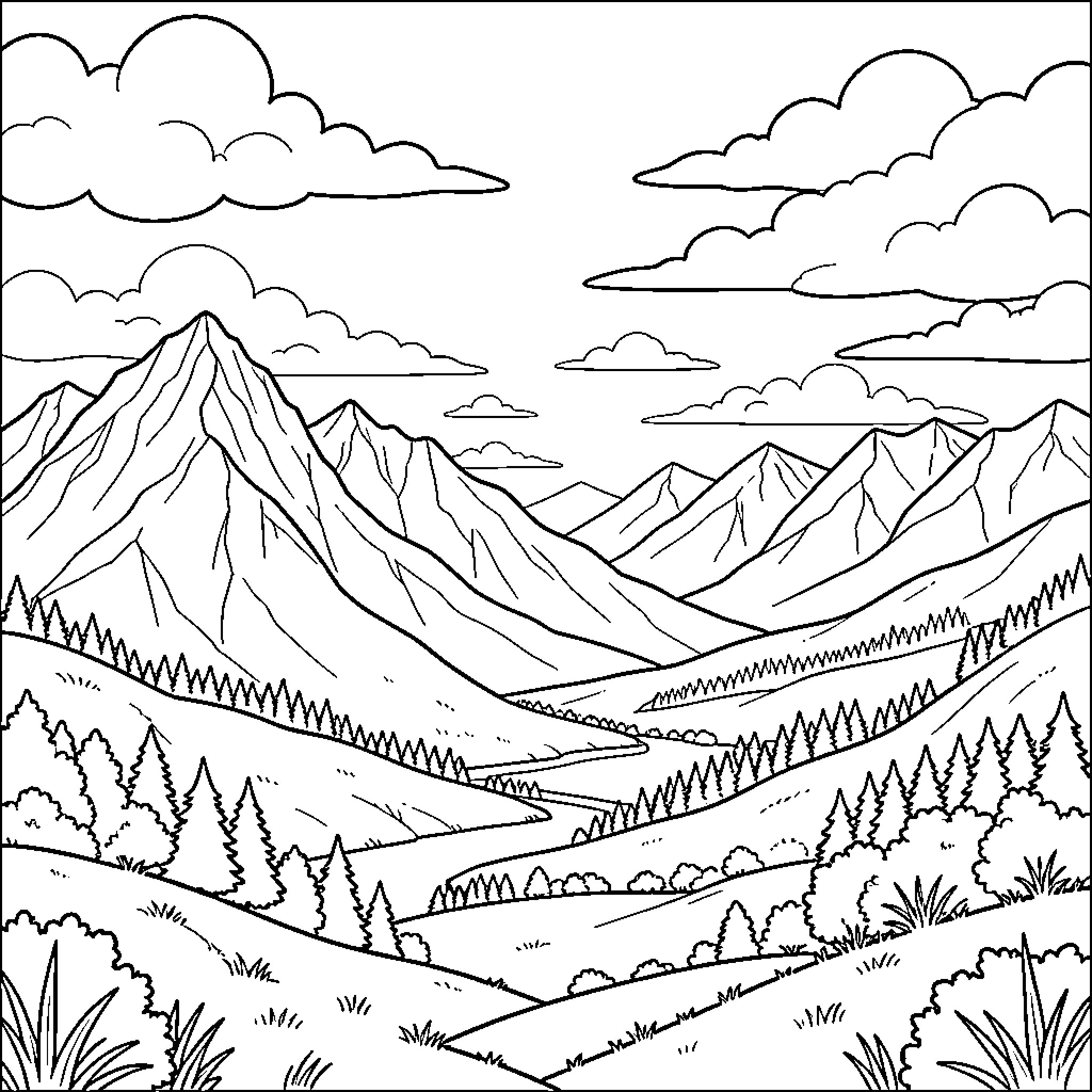 Landscape with majestic mountains and winding path Coloring Page (free black-and-white line drawing printable PDF for all, from beginners to advanced learners, including children, teens, adults, and seniors)
