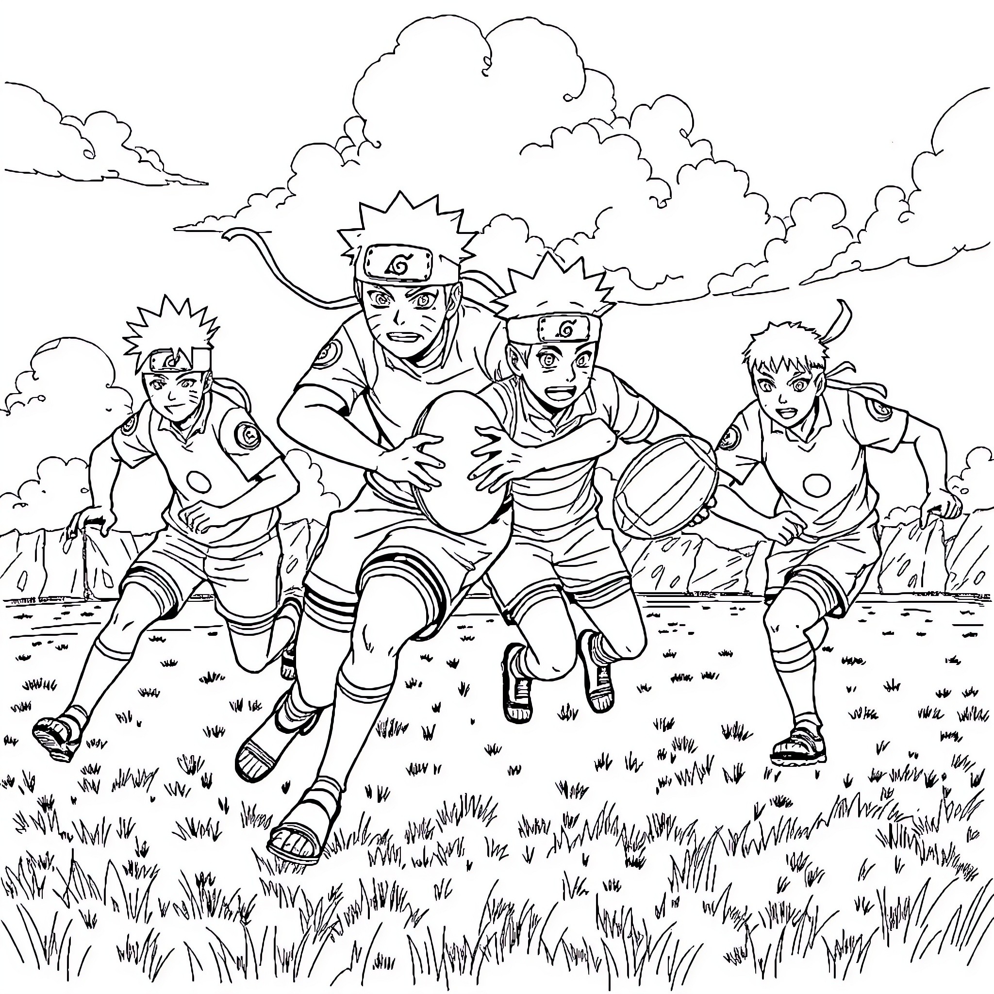 Naruto characters engaged in intense competition on the field Coloring Page (free black-and-white line drawing printable PDF for all, from beginners to advanced learners, including children, teens, adults, and seniors)