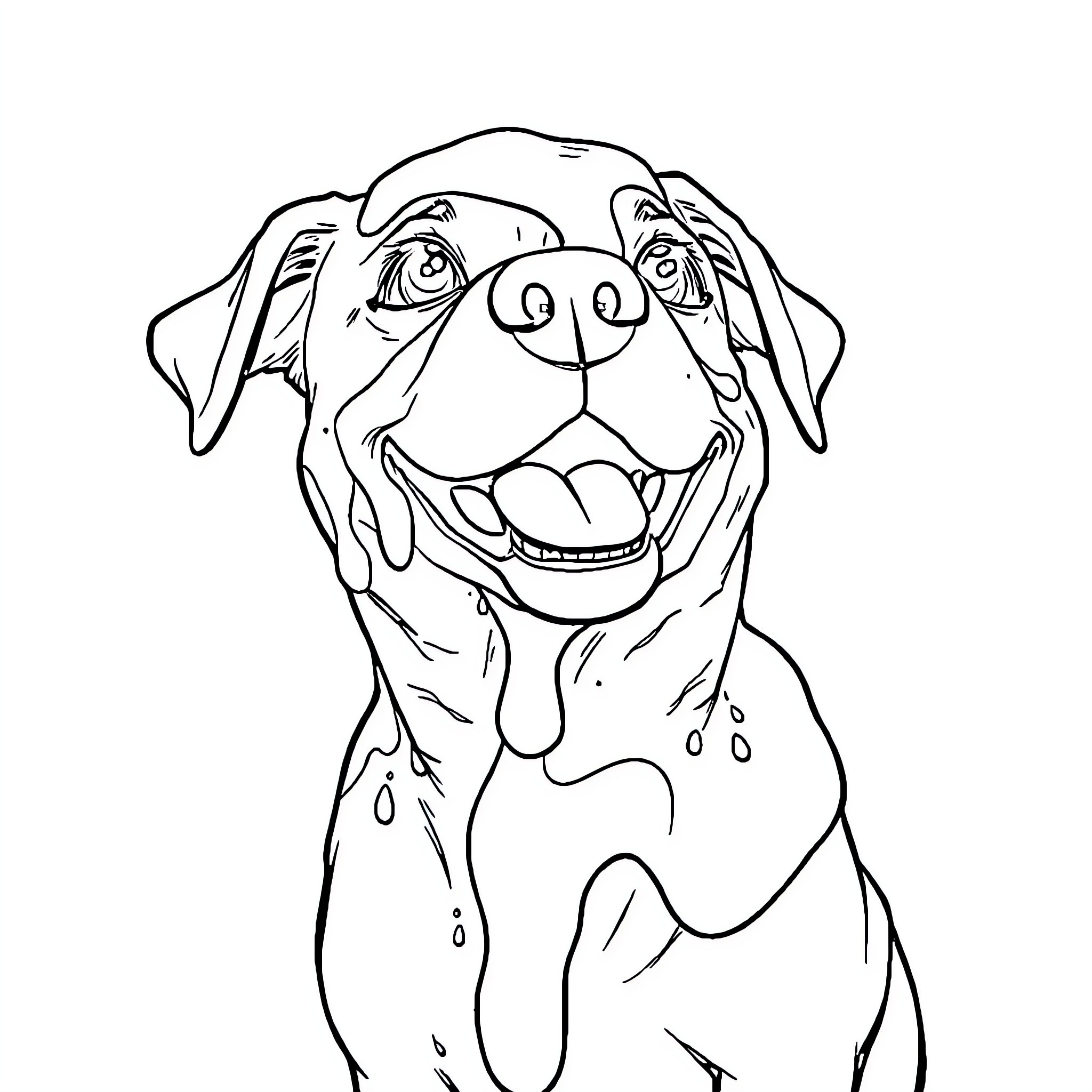 Dog smiling happily with wet fur Coloring Page (free black-and-white line drawing printable PDF for all, from beginners to advanced learners, including children, teens, adults, and seniors)