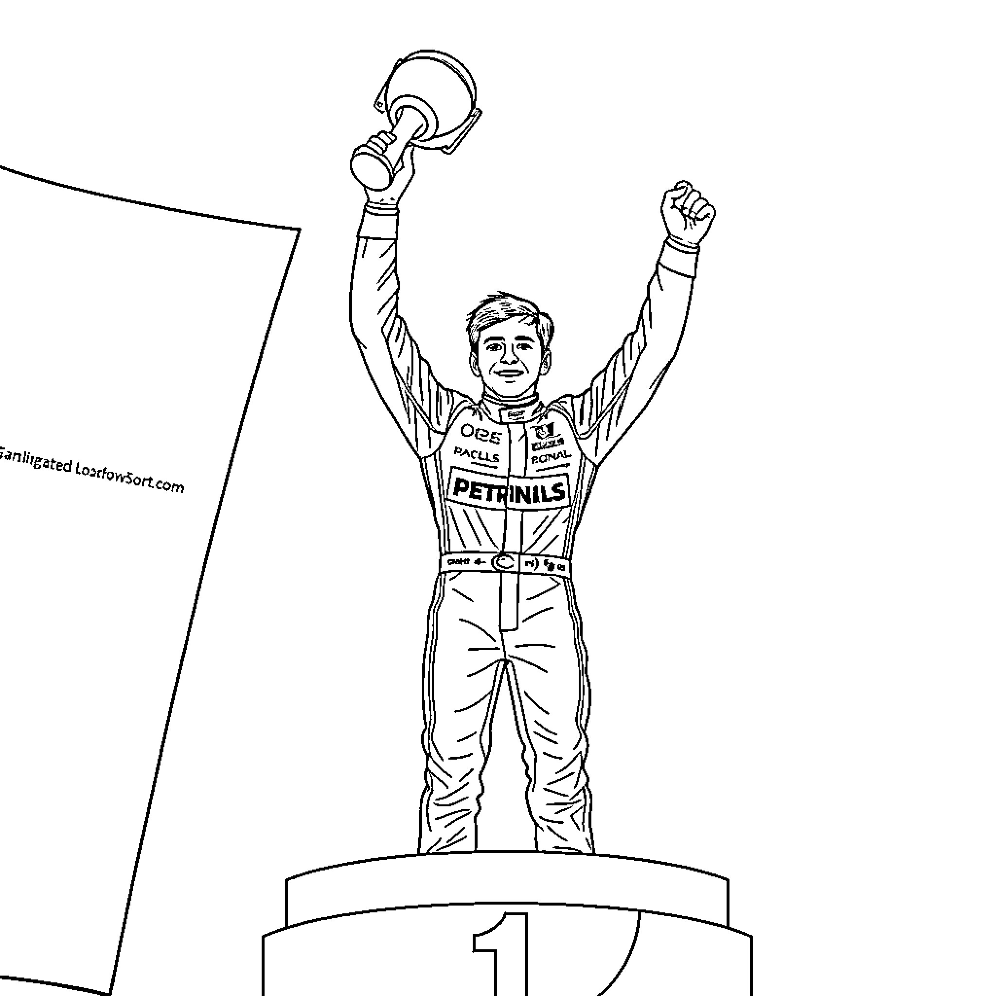 Charles Leclerc celebrating racing victory Coloring Page (free black-and-white line drawing printable PDF for all, from beginners to advanced learners, including children, teens, adults, and seniors)