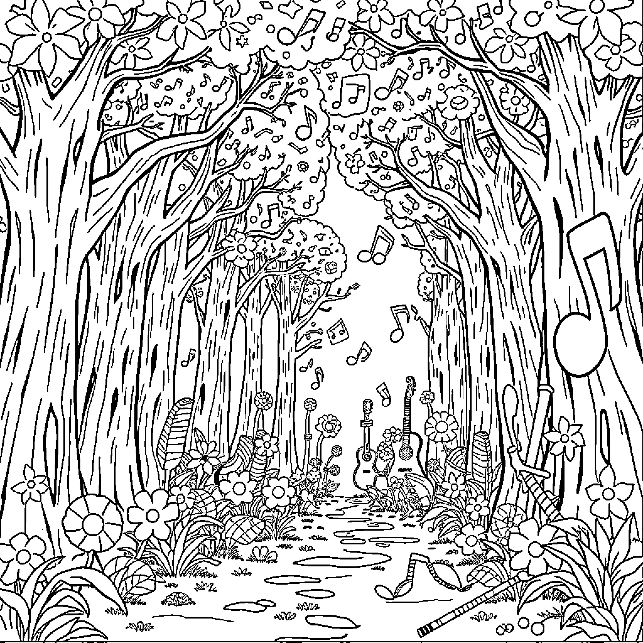 Forest of Musical Whimsy Coloring Page (free black-and-white line drawing printable PDF for all, from beginners to advanced learners, including children, teens, adults, and seniors)