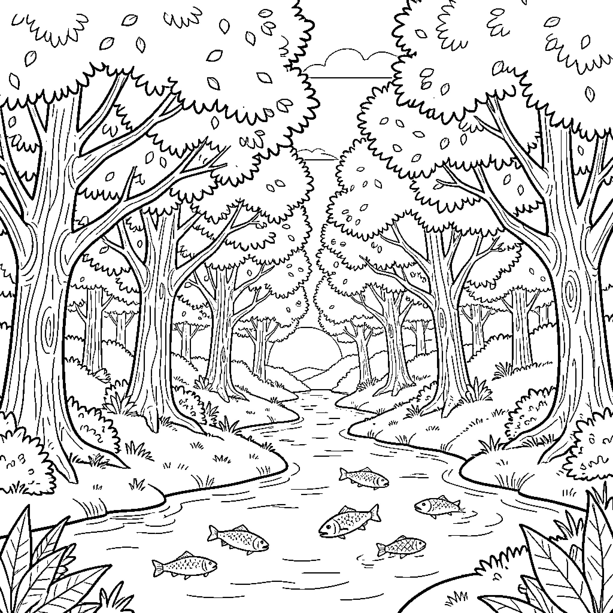 Bosque with fish swimming in a peaceful river Coloring Page (free black-and-white line drawing printable PDF for all, from beginners to advanced learners, including children, teens, adults, and seniors)
