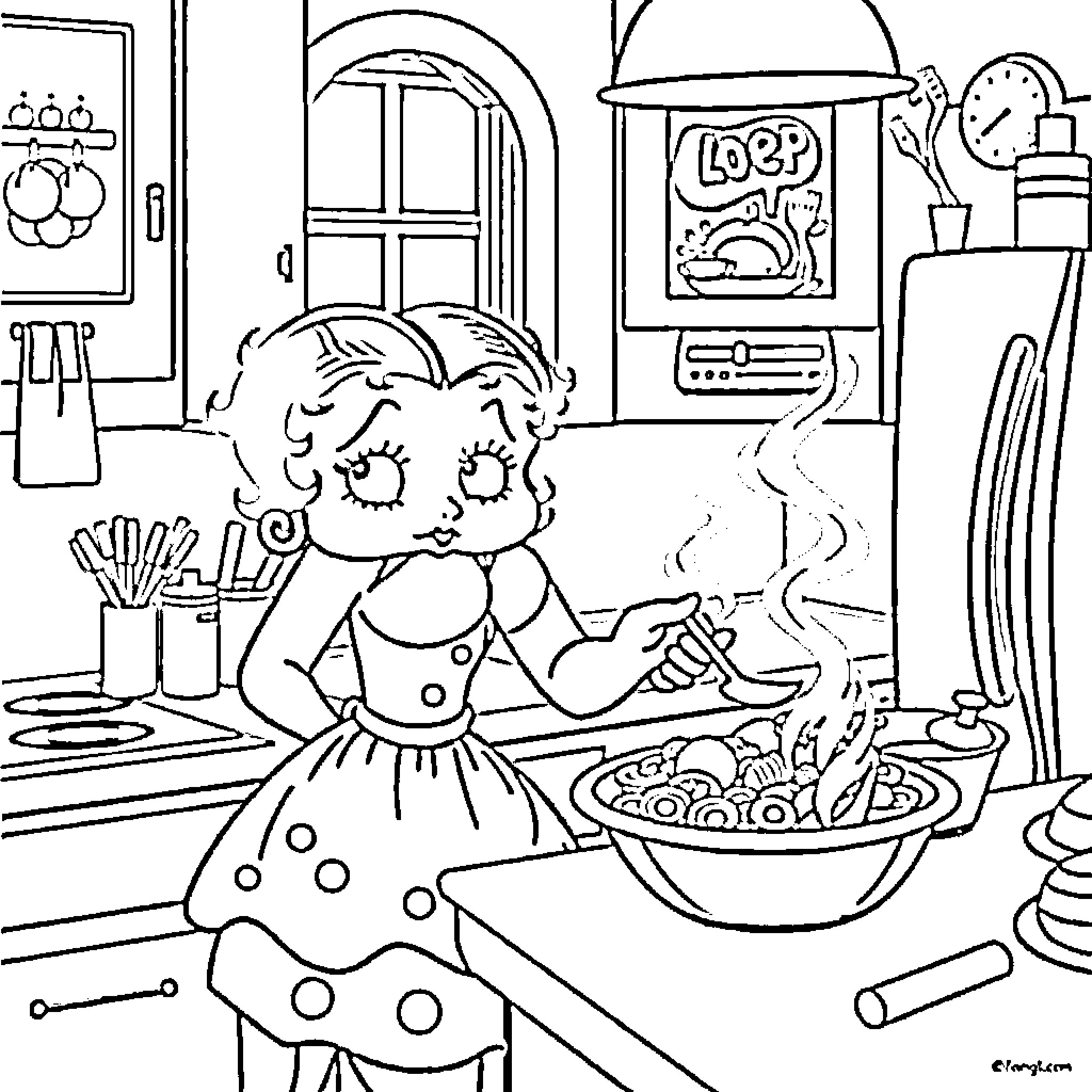 Betty Boop cooking in the kitchen Coloring Page (free black-and-white line drawing printable PDF for all, from beginners to advanced learners, including children, teens, adults, and seniors)