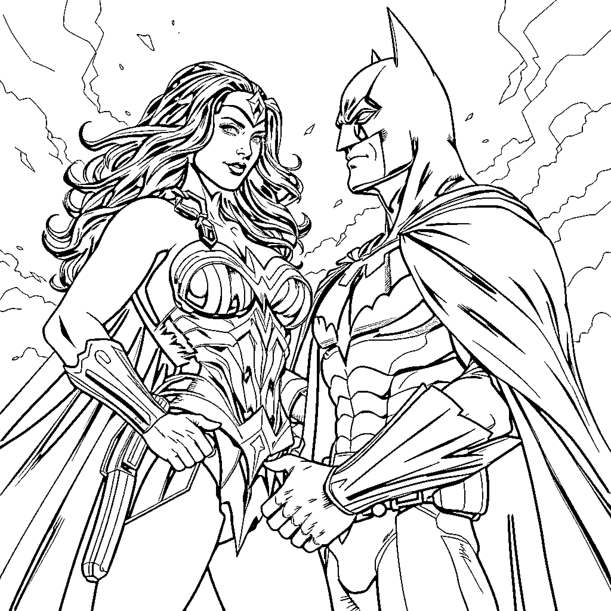 Wonder Woman and Batman in action-packed encounter Coloring Page (free black-and-white line drawing printable PDF for all, from beginners to advanced learners, including children, teens, adults, and seniors)
