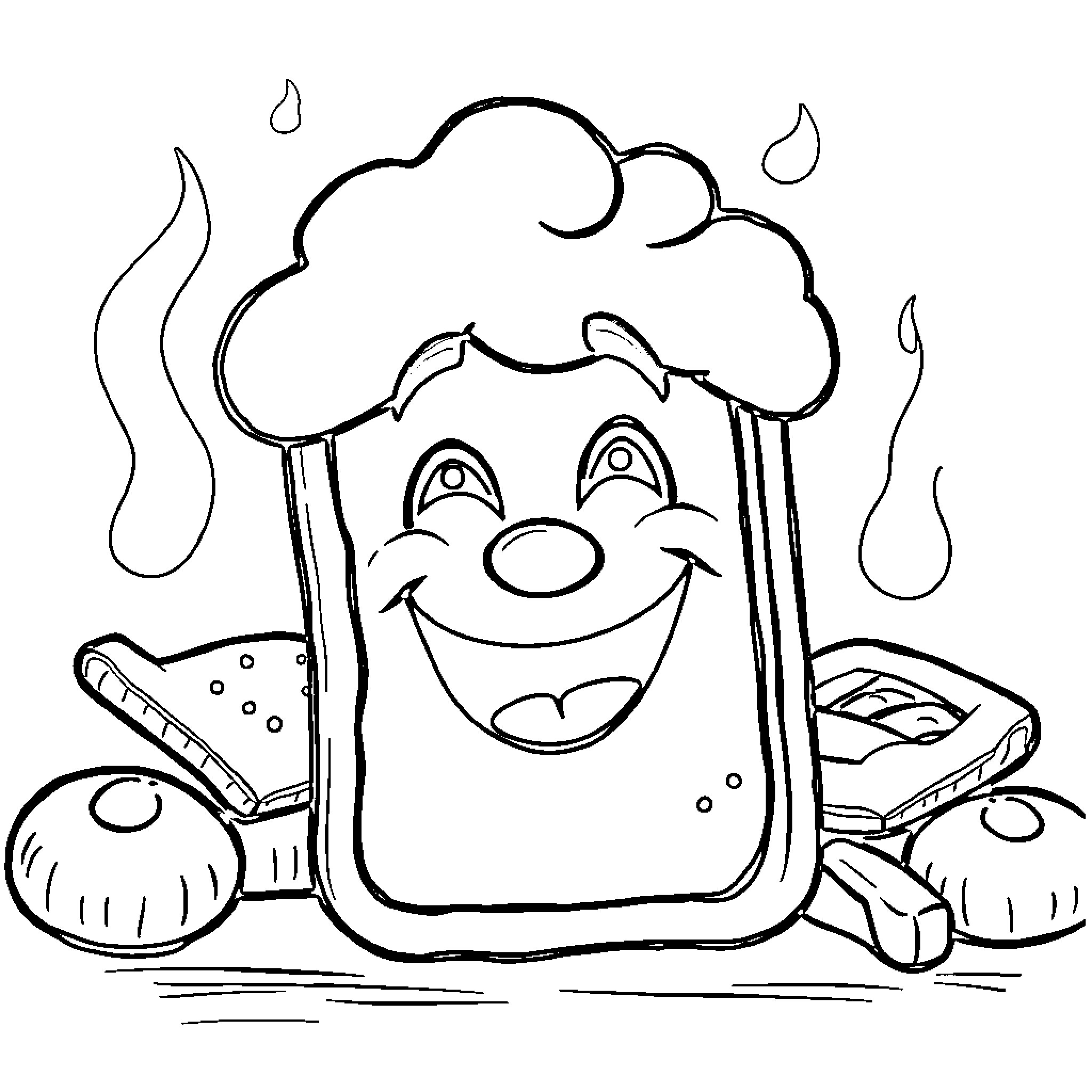 Brezel character cooking with happy expression Coloring Page (free black-and-white line drawing printable PDF for all, from beginners to advanced learners, including children, teens, adults, and seniors)