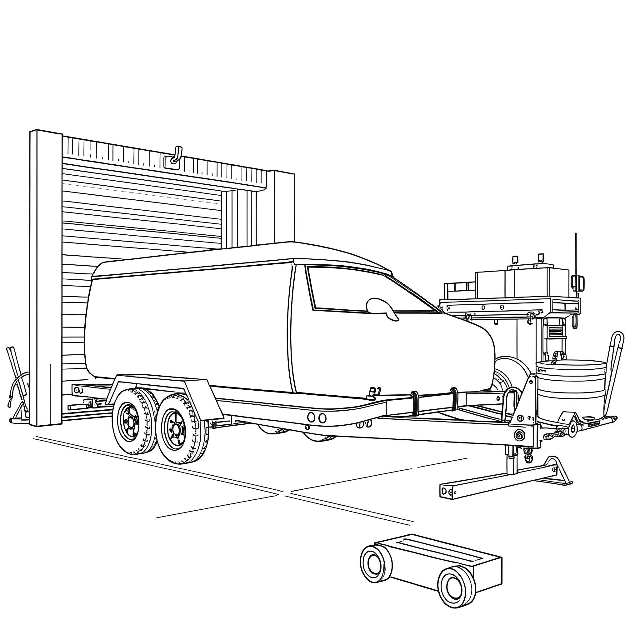 Car Trailer With Enclosed Compartment Coloring Page (free black-and-white line drawing printable PDF for all, from beginners to advanced learners, including children, teens, adults, and seniors)
