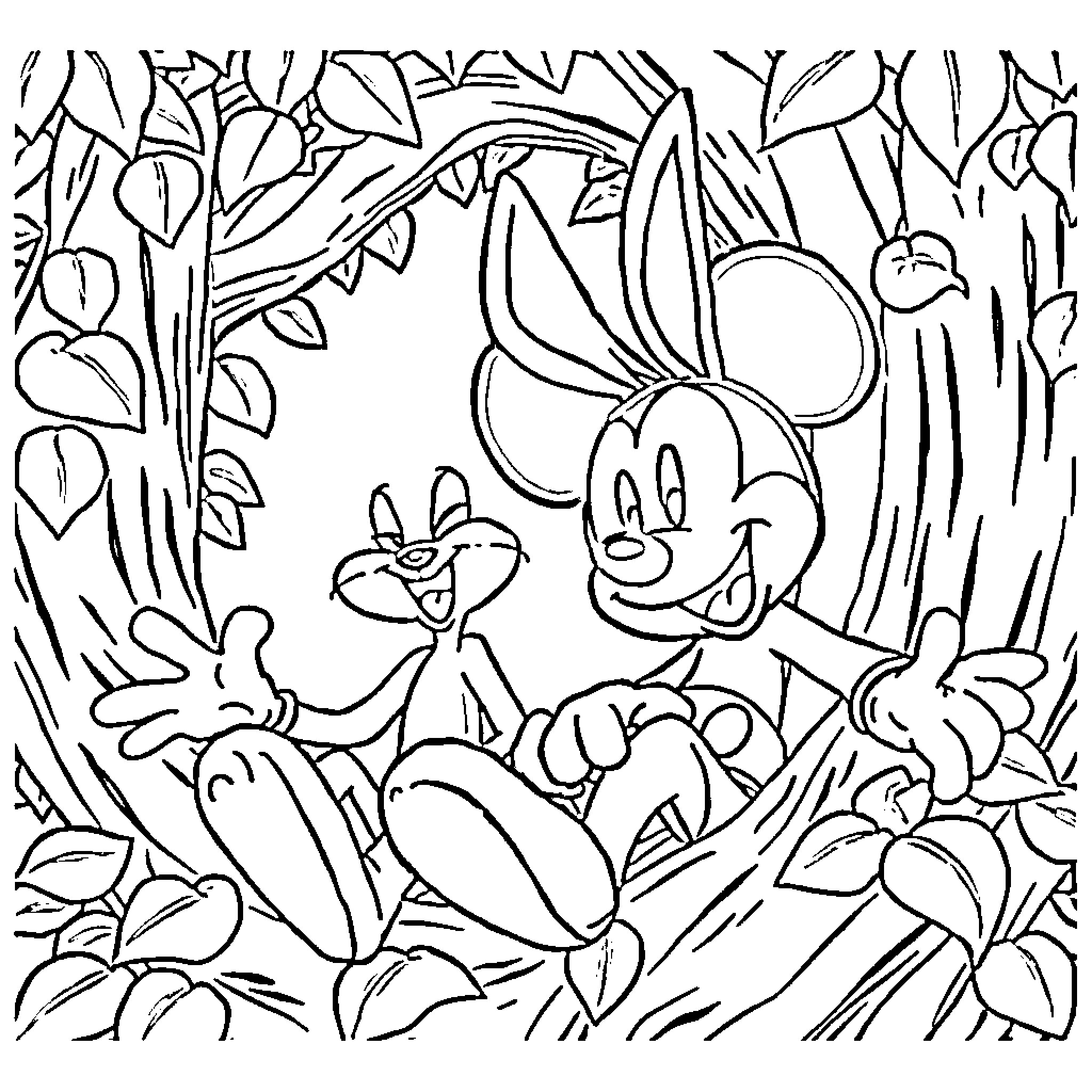 Mickey Mouse and friends in the enchanted forest Coloring Page (free black-and-white line drawing printable PDF for all, from beginners to advanced learners, including children, teens, adults, and seniors)