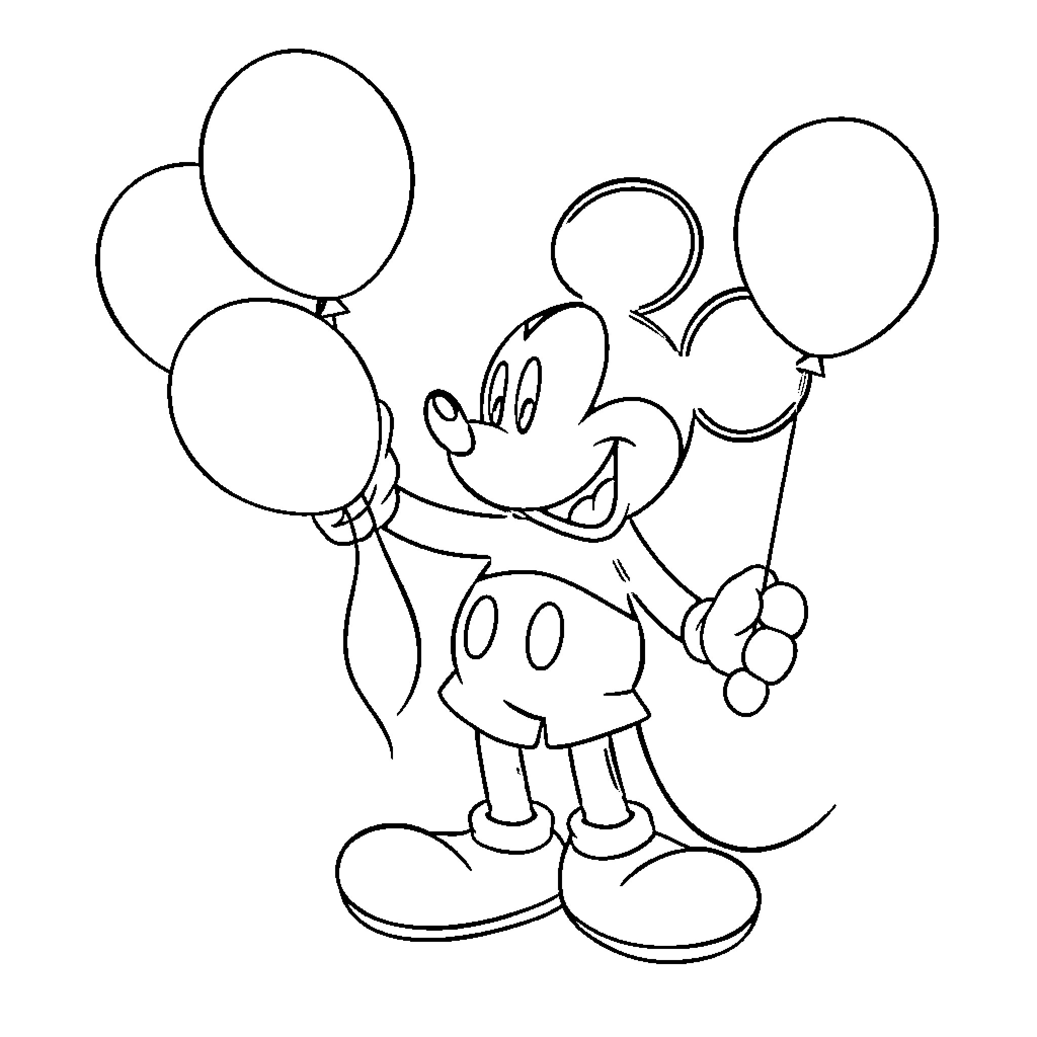 Mickey Mouse holding colorful balloons Coloring Page (free black-and-white line drawing printable PDF for all, from beginners to advanced learners, including children, teens, adults, and seniors)