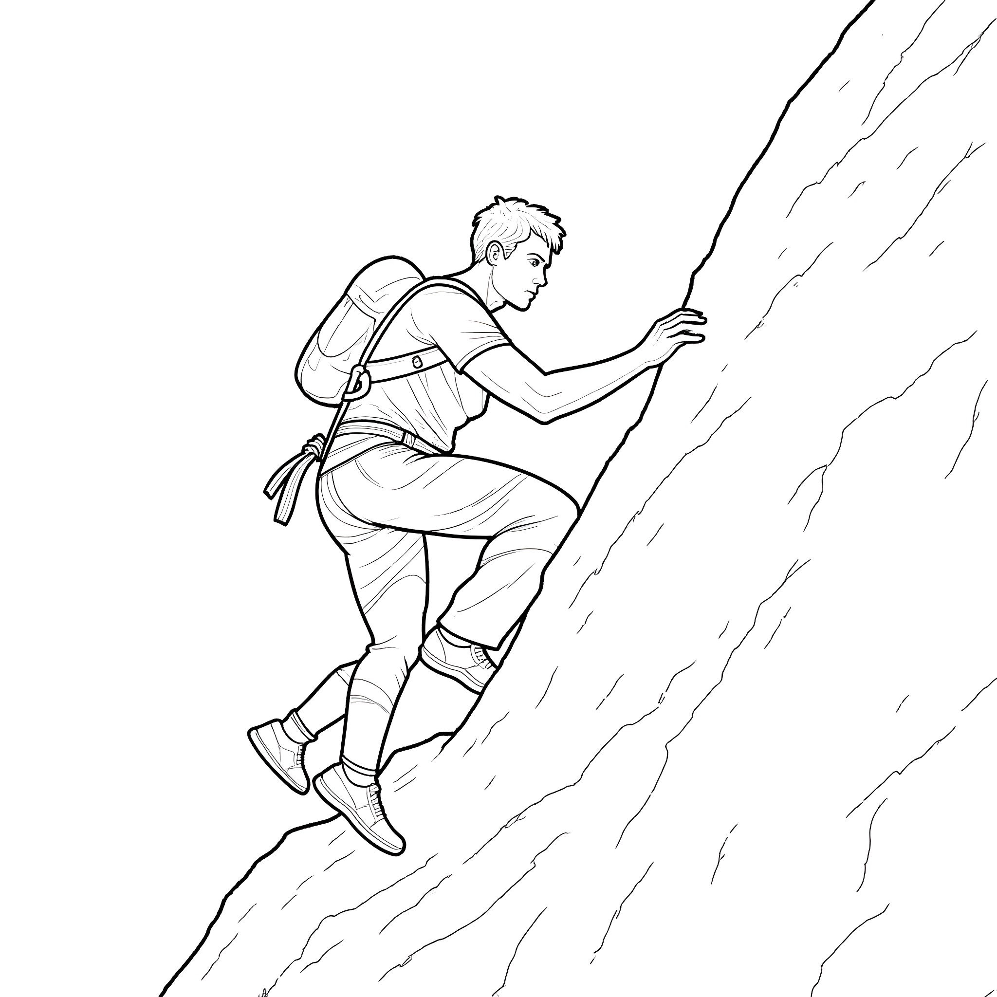 Mountain Climber Scaling a Steep Rock Face Coloring Page (free black-and-white line drawing printable PDF for all, from beginners to advanced learners, including children, teens, adults, and seniors)