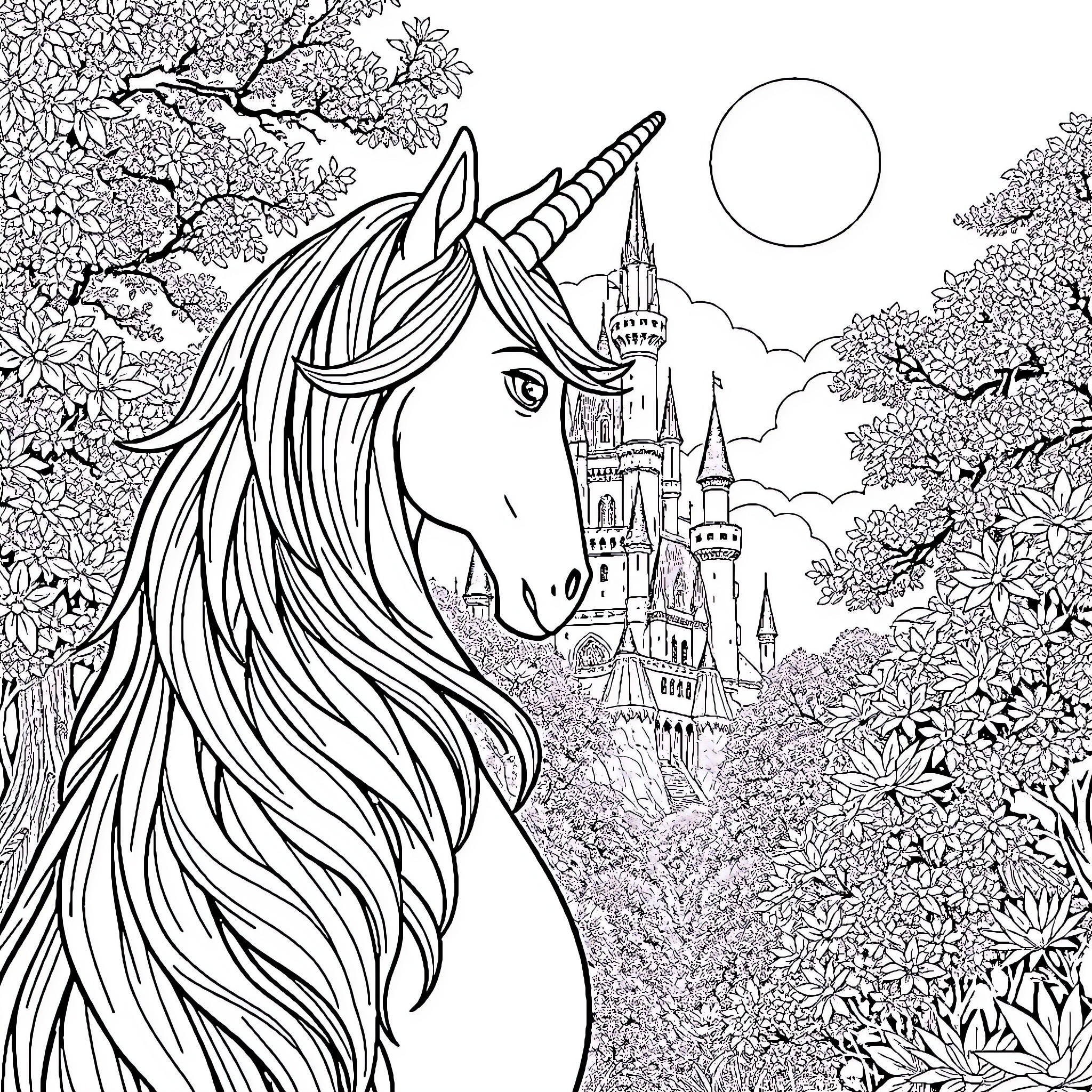 Unicorn Gazing at Enchanted Castle in Fairy Forest Coloring Page (free black-and-white line drawing printable PDF for all, from beginners to advanced learners, including children, teens, adults, and seniors)