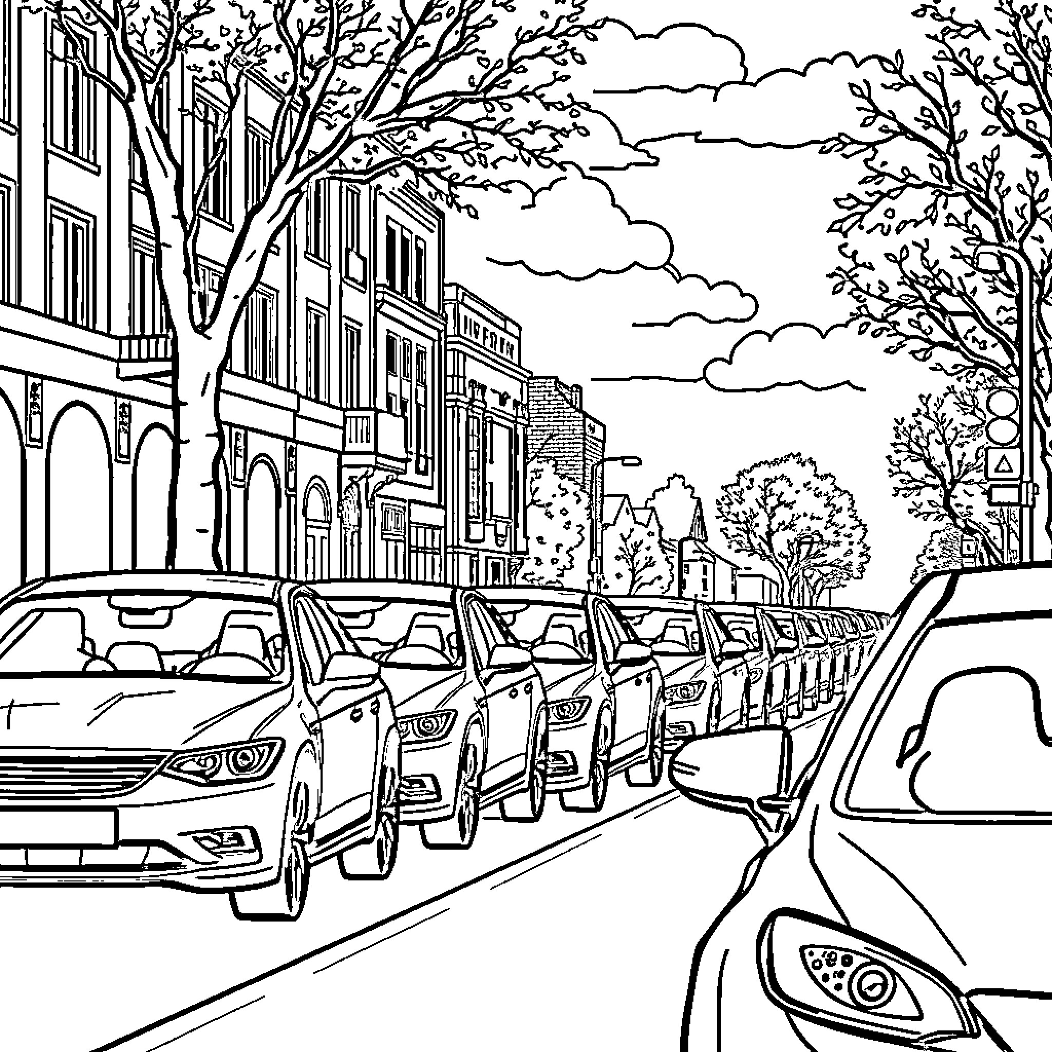 Car Lineup on the City Street Coloring Page (free black-and-white line drawing printable PDF for all, from beginners to advanced learners, including children, teens, adults, and seniors)