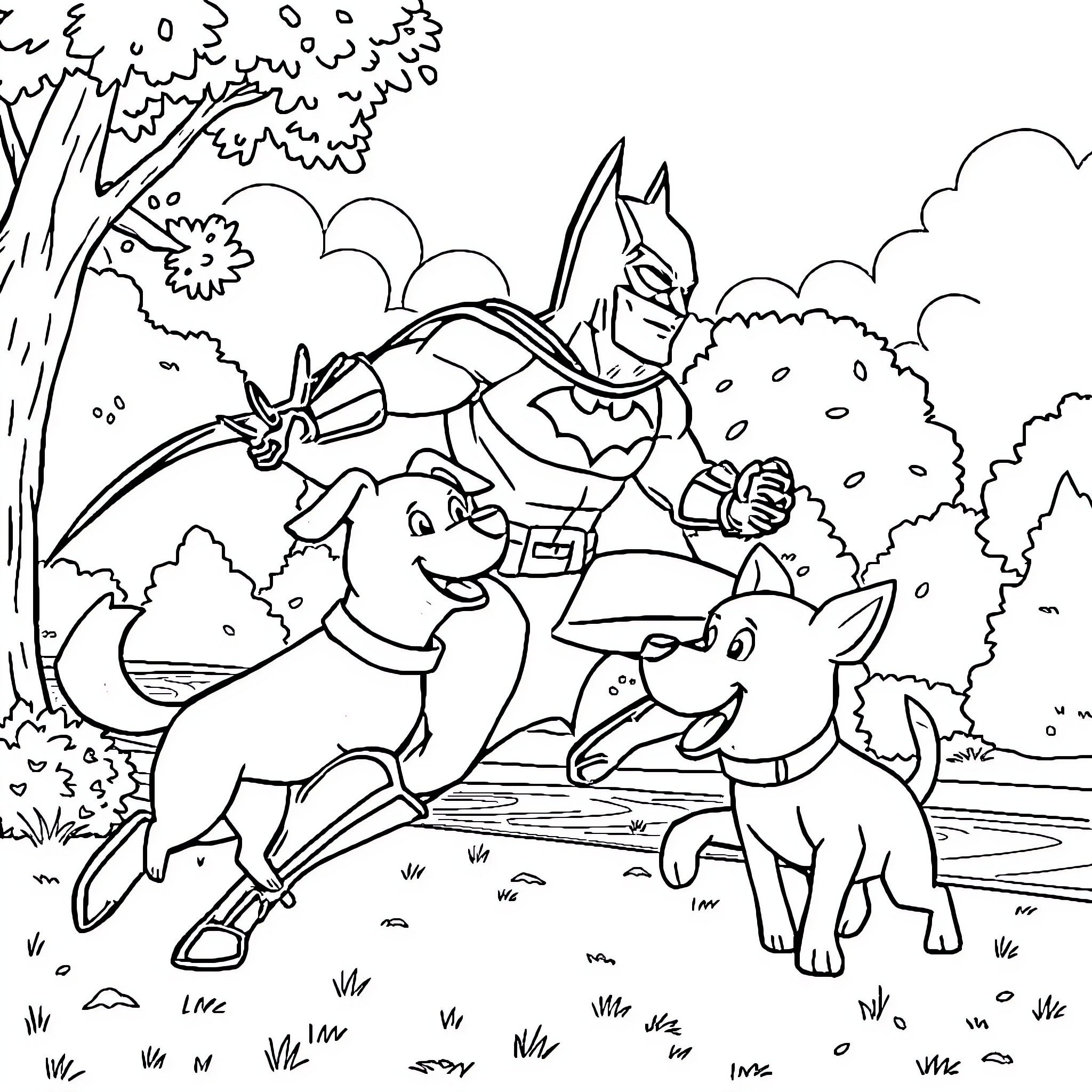 Batman's heroic encounter with friendly forest animals Coloring Page (free black-and-white line drawing printable PDF for all, from beginners to advanced learners, including children, teens, adults, and seniors)