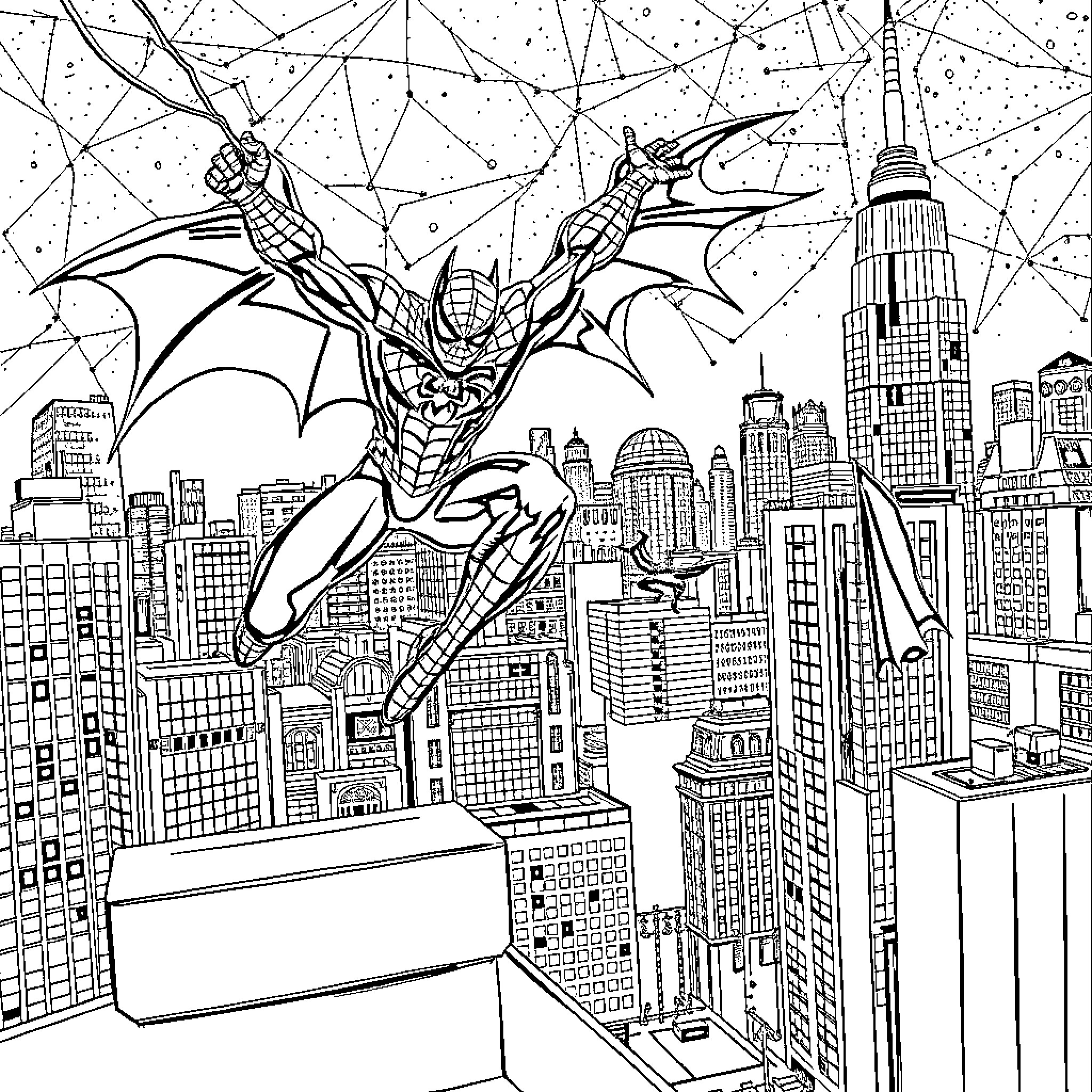 Spiderman swinging through the cityscape Coloring Page (free black-and-white line drawing printable PDF for all, from beginners to advanced learners, including children, teens, adults, and seniors)