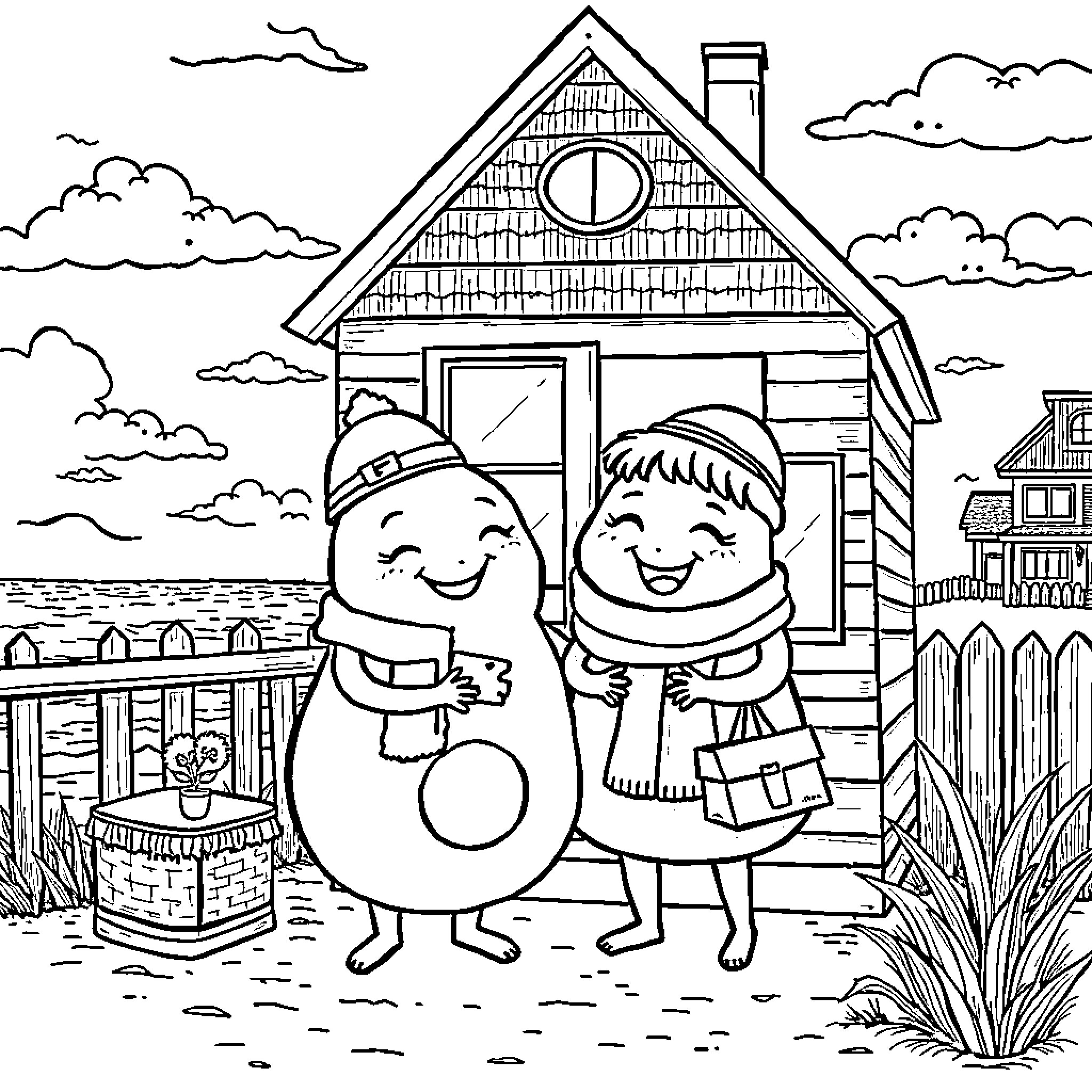 Bean characters enjoying winter outside a cozy cabin Coloring Page (free black-and-white line drawing printable PDF for all, from beginners to advanced learners, including children, teens, adults, and seniors)