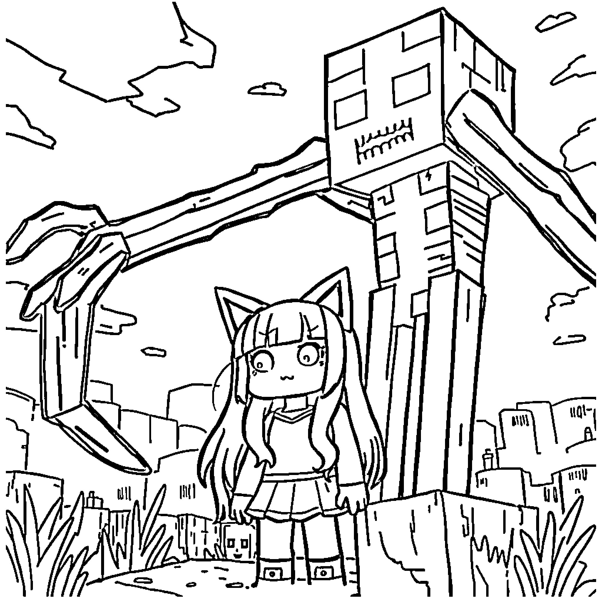 Aphmau exploring a whimsical cityscape Coloring Page (free black-and-white line drawing printable PDF for all, from beginners to advanced learners, including children, teens, adults, and seniors)