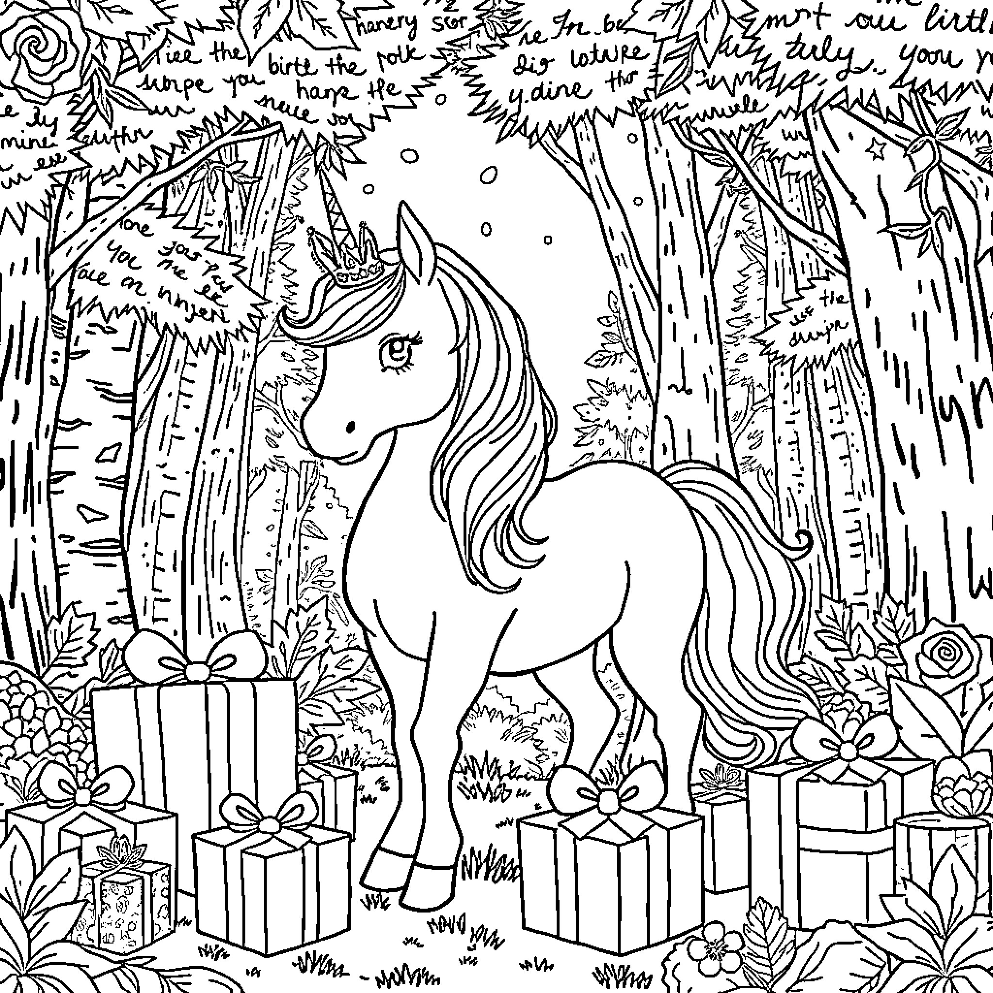 Unicorn surrounded by gifts in enchanted forest Coloring Page (free black-and-white line drawing printable PDF for all, from beginners to advanced learners, including children, teens, adults, and seniors)