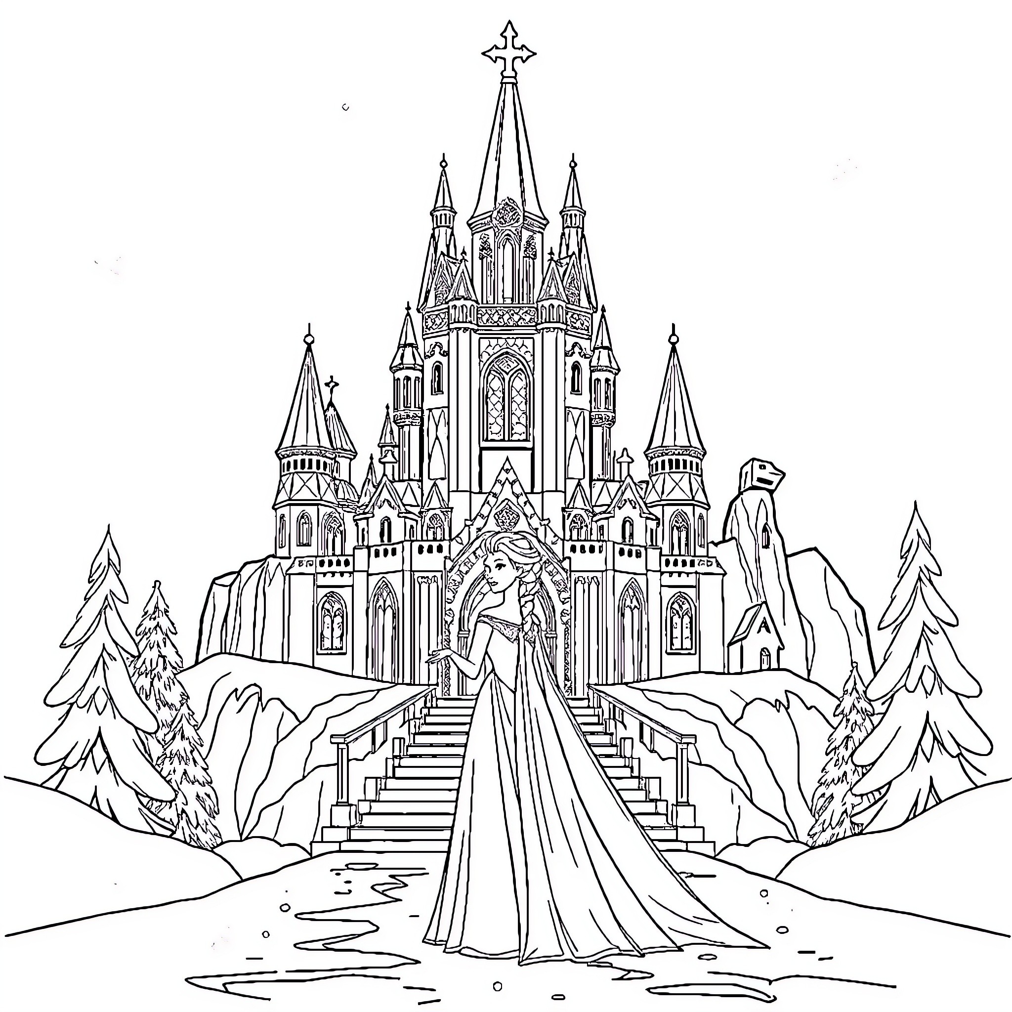 Elsa's Enchanted Castle Adventure Coloring Page (free black-and-white line drawing printable PDF for all, from beginners to advanced learners, including children, teens, adults, and seniors)