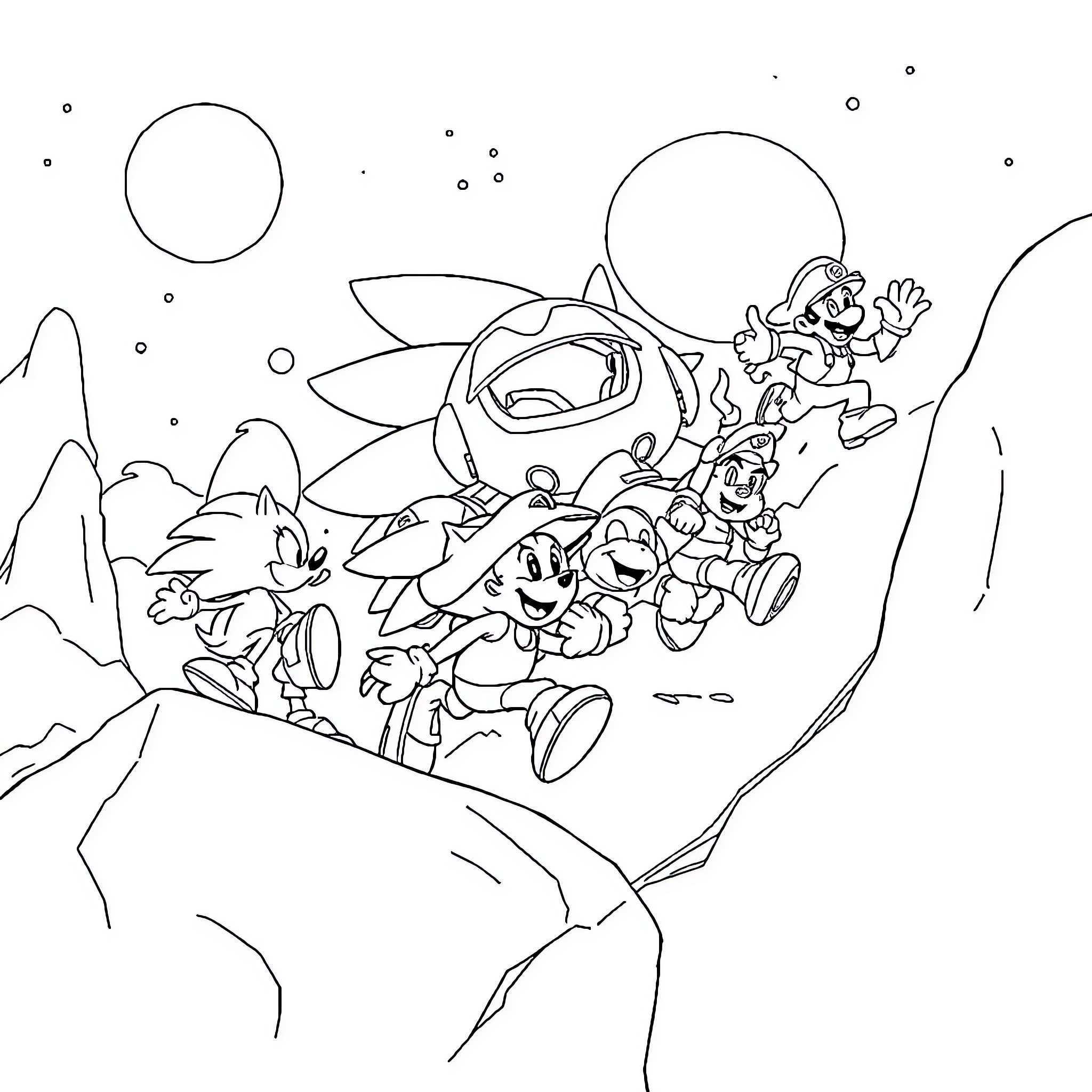 Sonic characters on an adventure in a fantasy landscape Coloring Page (free black-and-white line drawing printable PDF for all, from beginners to advanced learners, including children, teens, adults, and seniors)