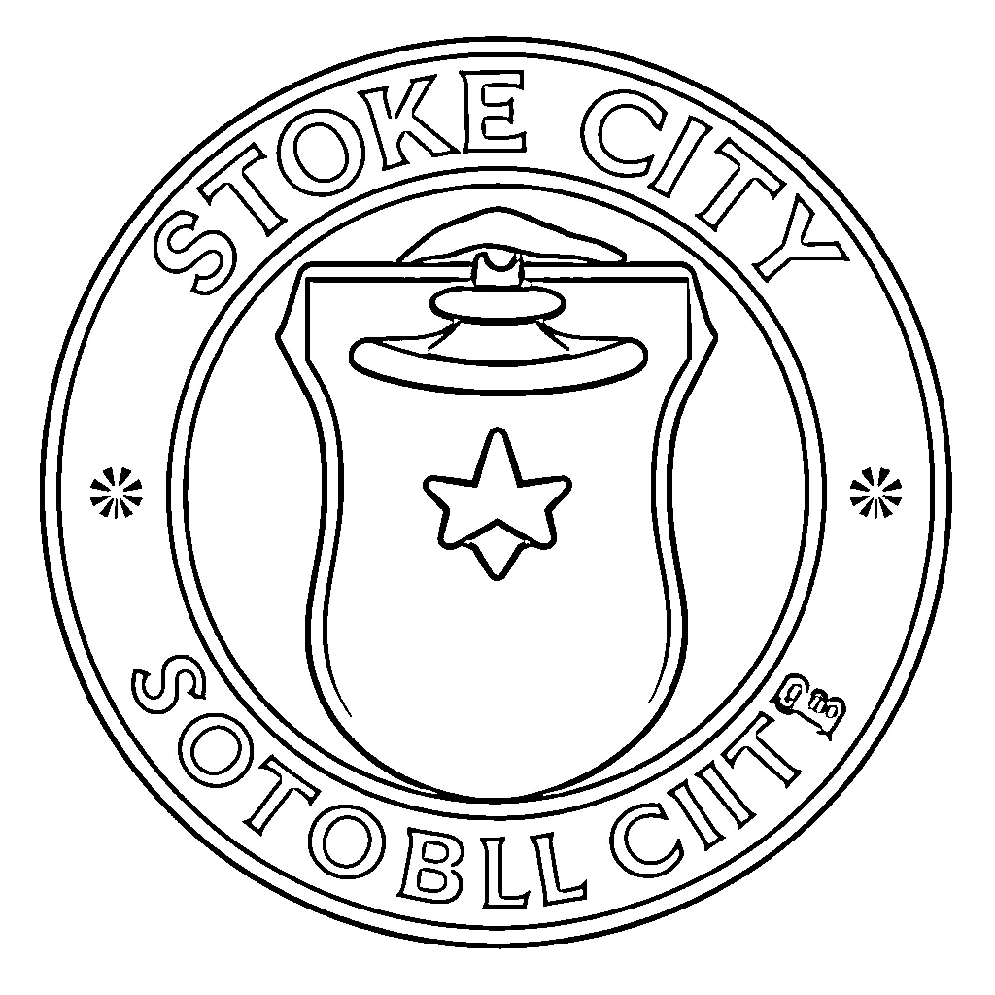 Stoke City Emblem with Soccer Ball Trophy Coloring Page (free black-and-white line drawing printable PDF for all, from beginners to advanced learners, including children, teens, adults, and seniors)