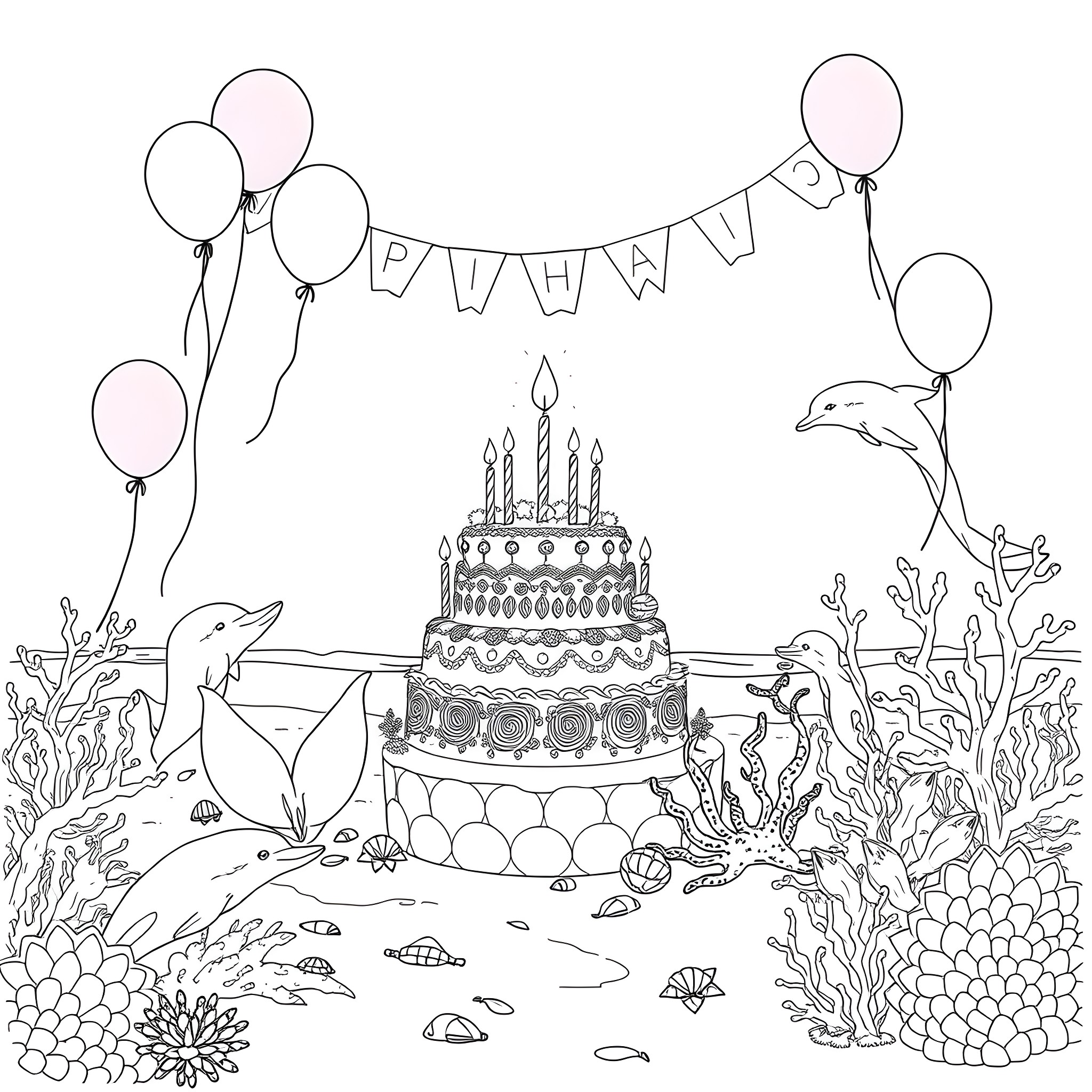 Mermaid's Birthday Party with Dolphins and Balloons Coloring Page (free black-and-white line drawing printable PDF for all, from beginners to advanced learners, including children, teens, adults, and seniors)