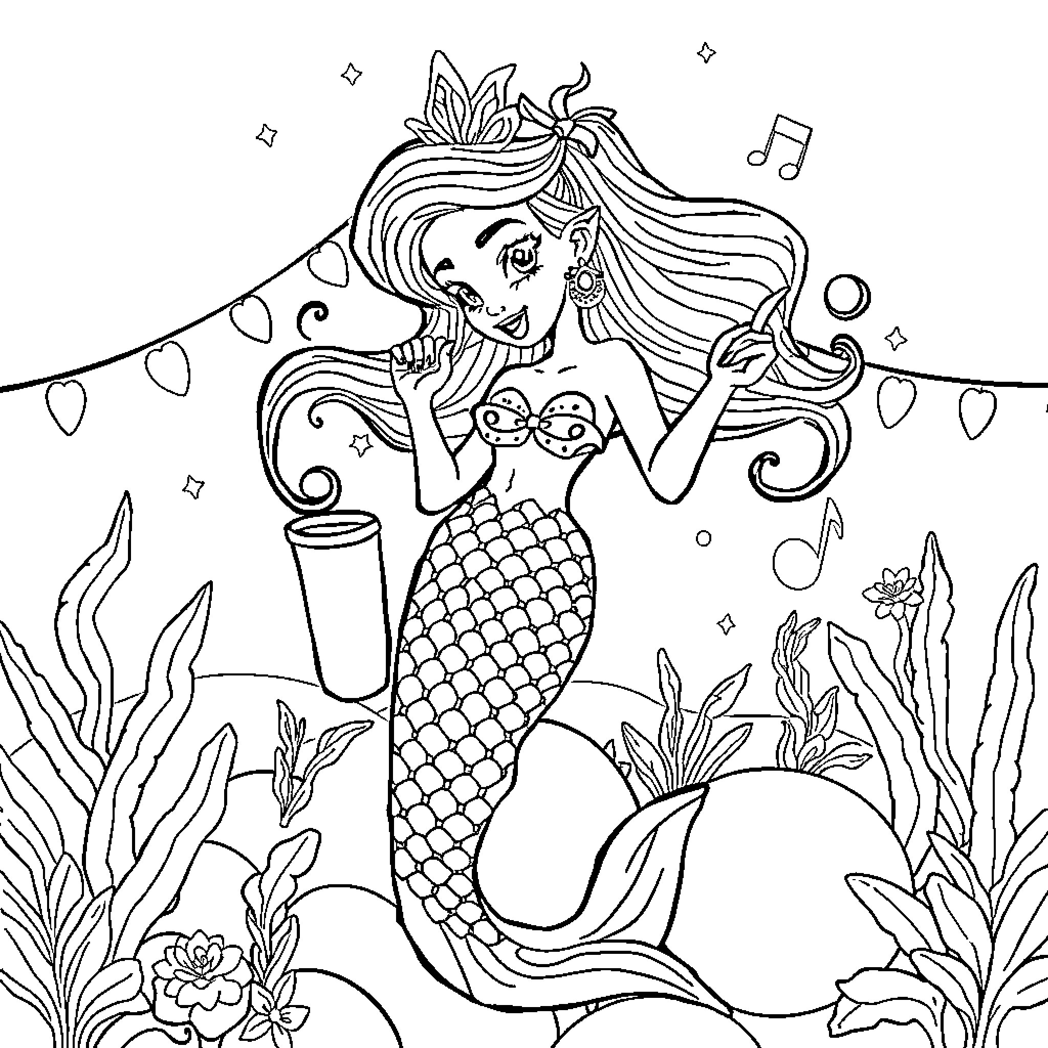 Sirenita singing and dancing underwater Coloring Page (free black-and-white line drawing printable PDF for all, from beginners to advanced learners, including children, teens, adults, and seniors)