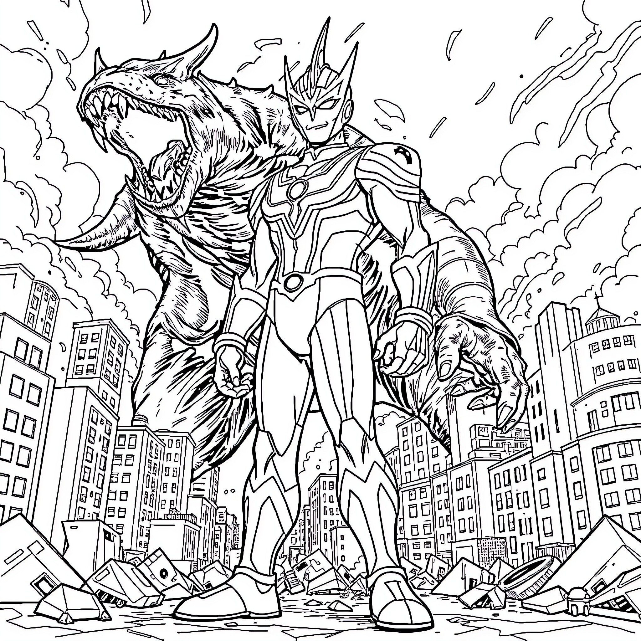 Ultraman battling a monstrous foe in a city landscape Coloring Page (free black-and-white line drawing printable PDF for all, from beginners to advanced learners, including children, teens, adults, and seniors)