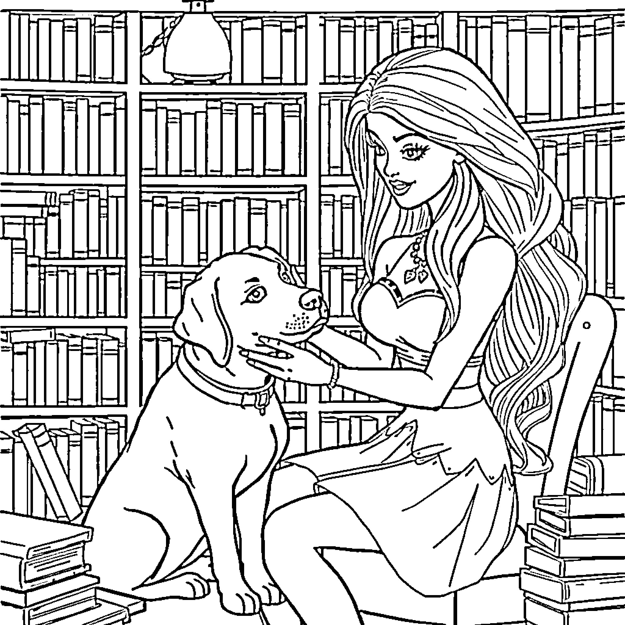 Barbie Relaxing with Her Loyal Companion Coloring Page (free black-and-white line drawing printable PDF for all, from beginners to advanced learners, including children, teens, adults, and seniors)