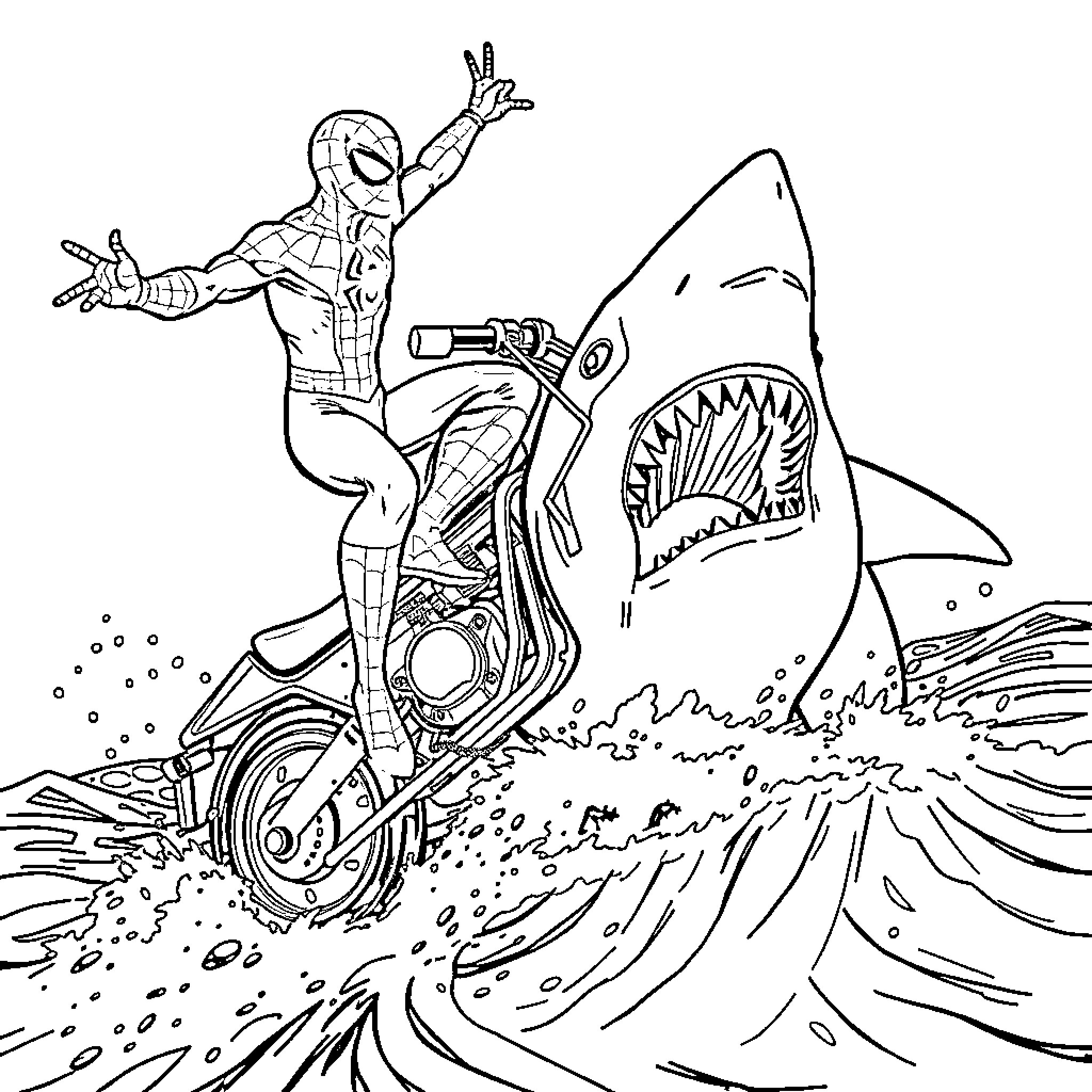 Spiderman surfing a giant shark in an underwater adventure Coloring Page (free black-and-white line drawing printable PDF for all, from beginners to advanced learners, including children, teens, adults, and seniors)