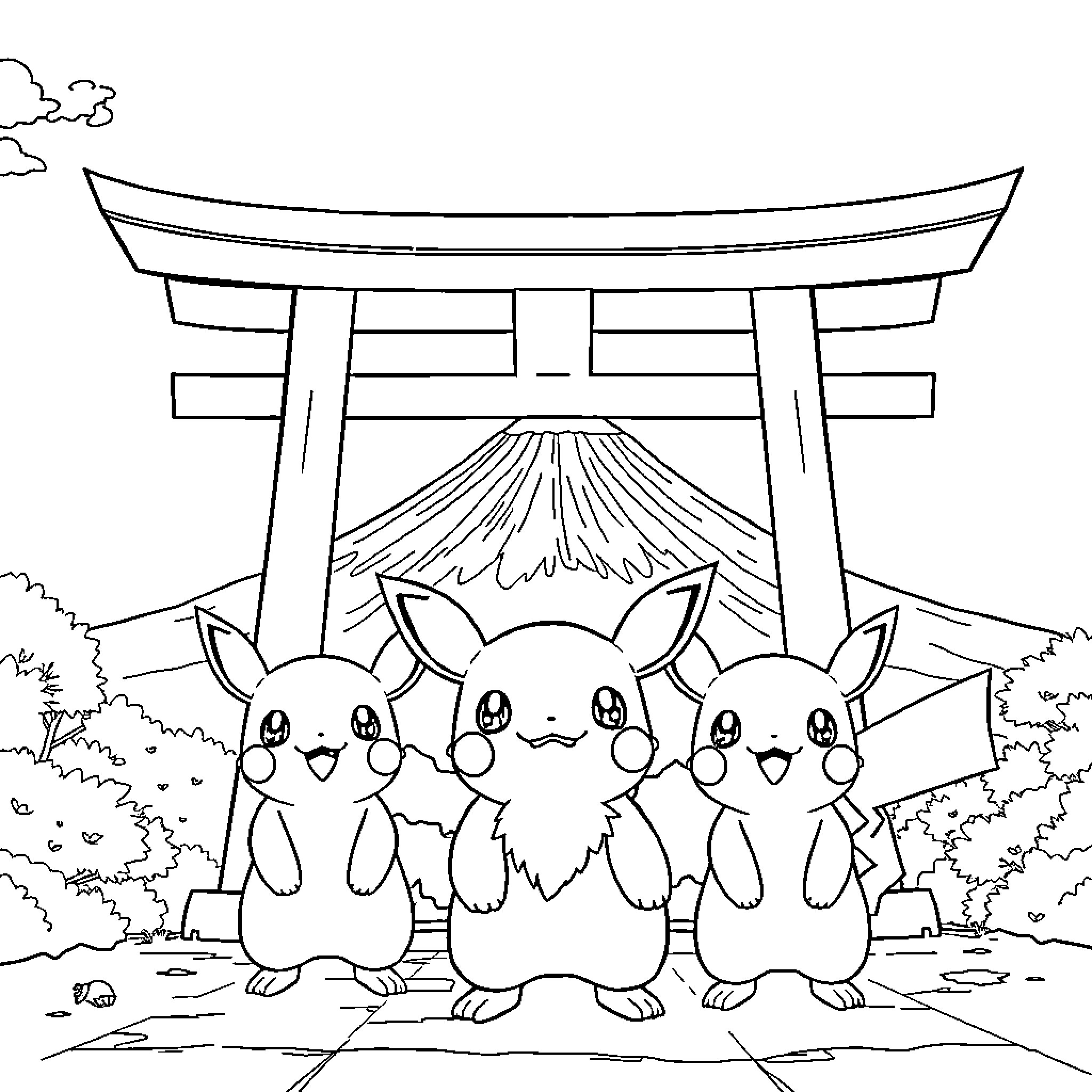 Shifours gather before a grand torii gate Coloring Page (free black-and-white line drawing printable PDF for all, from beginners to advanced learners, including children, teens, adults, and seniors)