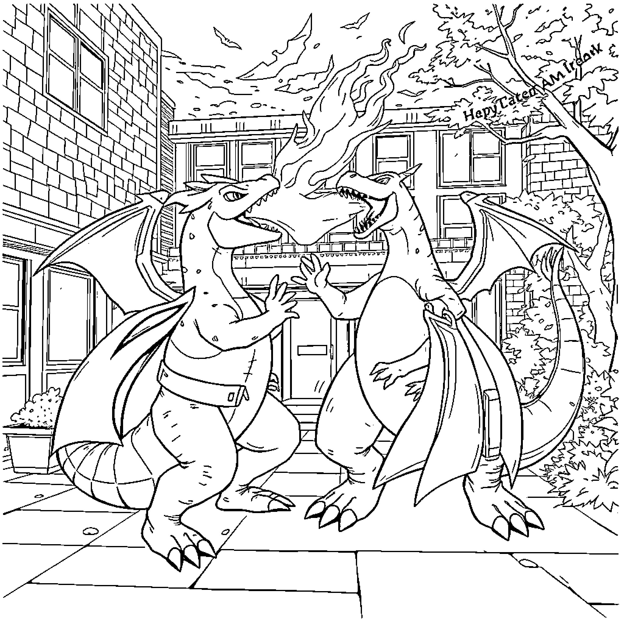 Charizard Unleashing Fiery Breath in Urban Setting Coloring Page (free black-and-white line drawing printable PDF for all, from beginners to advanced learners, including children, teens, adults, and seniors)