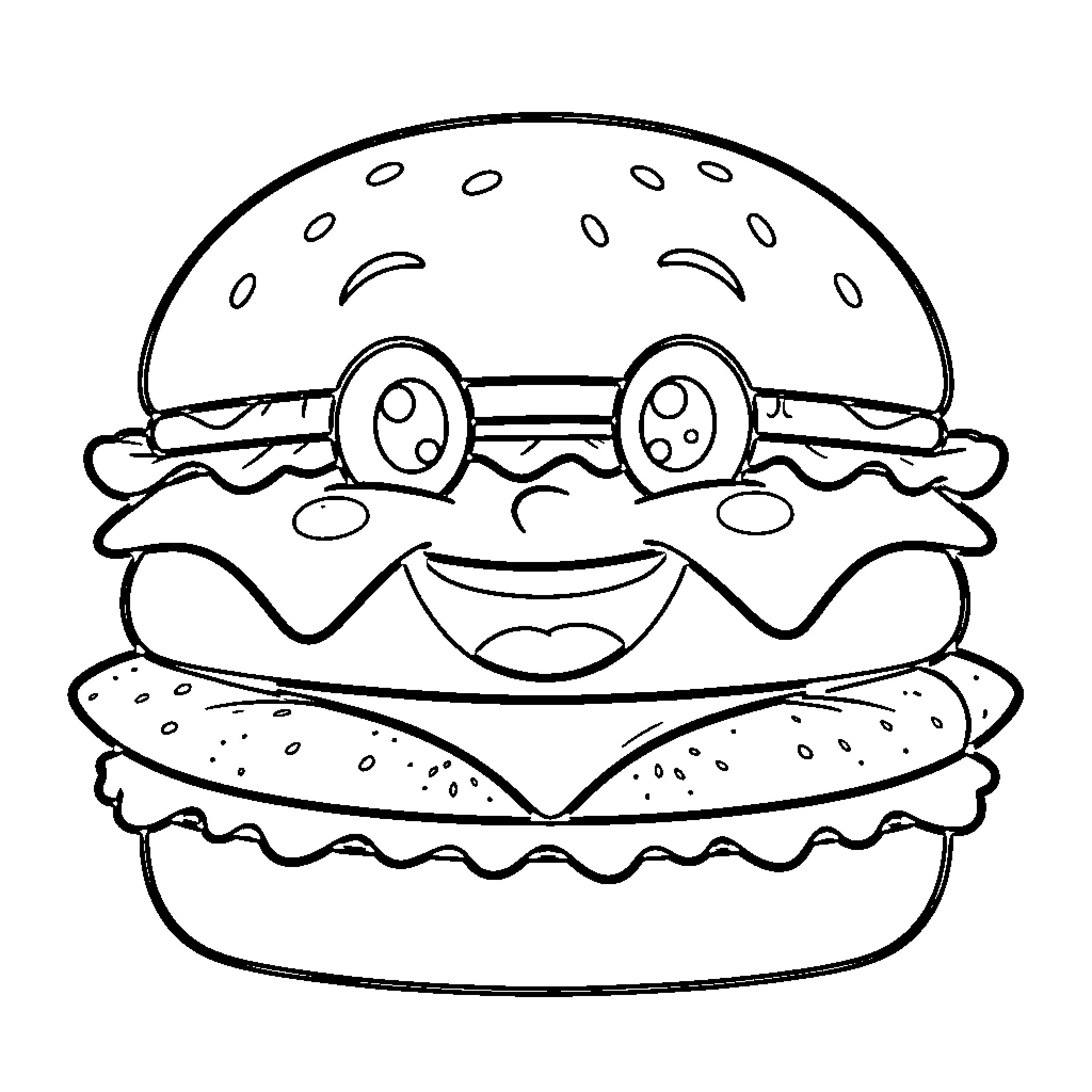 Burger with happy, cartoon-like expression Coloring Page (free black-and-white line drawing printable PDF for all, from beginners to advanced learners, including children, teens, adults, and seniors)