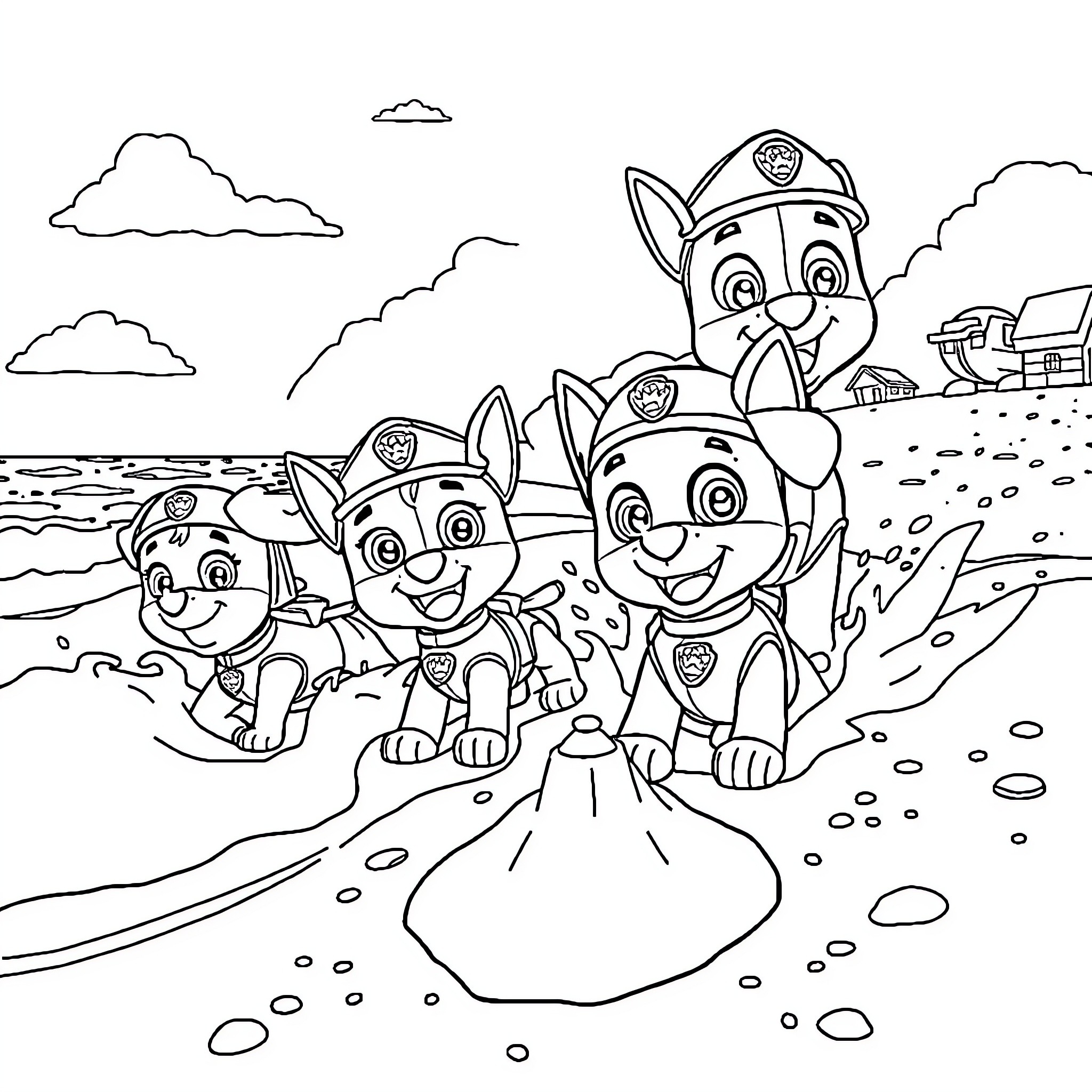 Paw Patrol pups playing happily on the beach Coloring Page (free black-and-white line drawing printable PDF for all, from beginners to advanced learners, including children, teens, adults, and seniors)