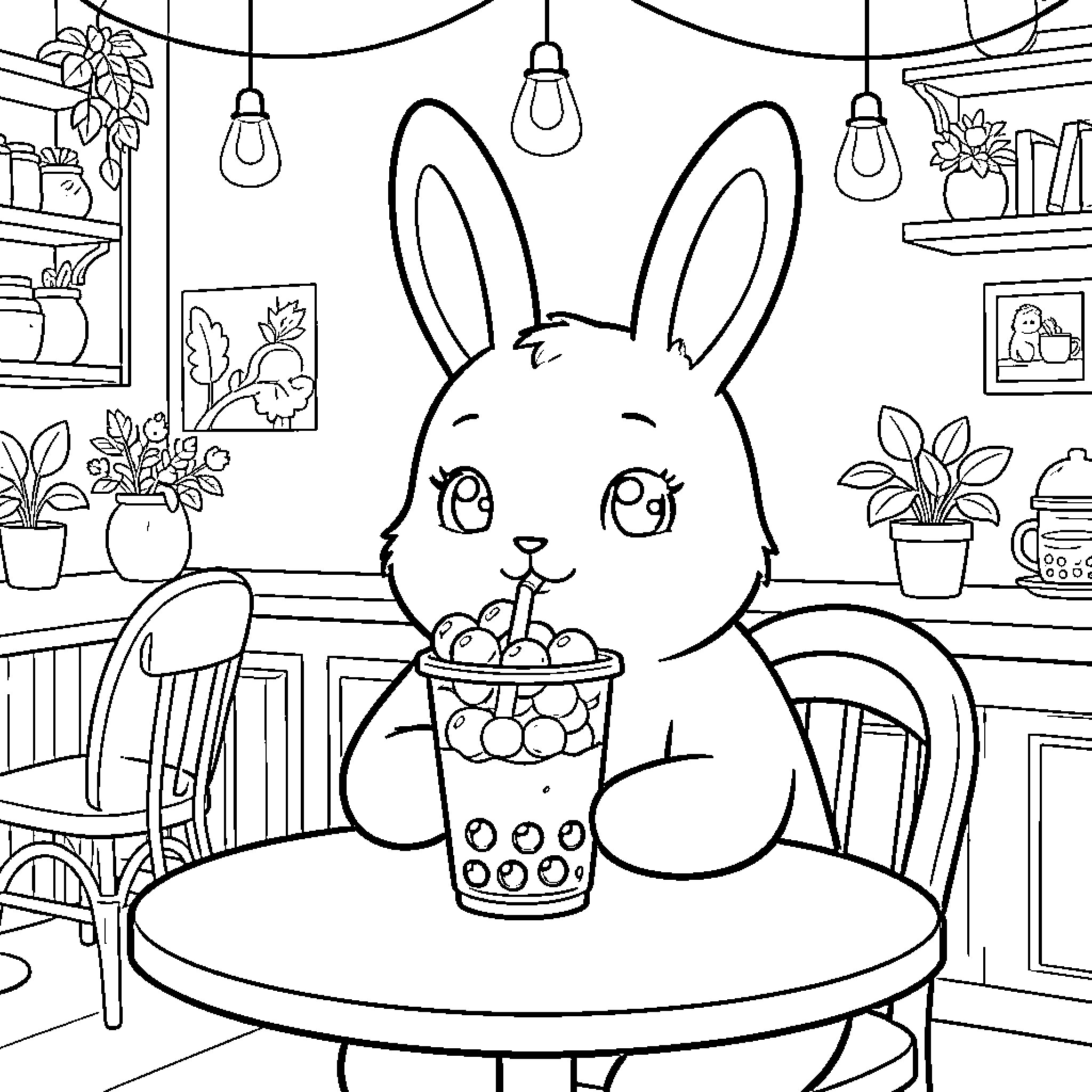 Bunny enjoying a refreshing drink in a cozy room Coloring Page (free black-and-white line drawing printable PDF for all, from beginners to advanced learners, including children, teens, adults, and seniors)