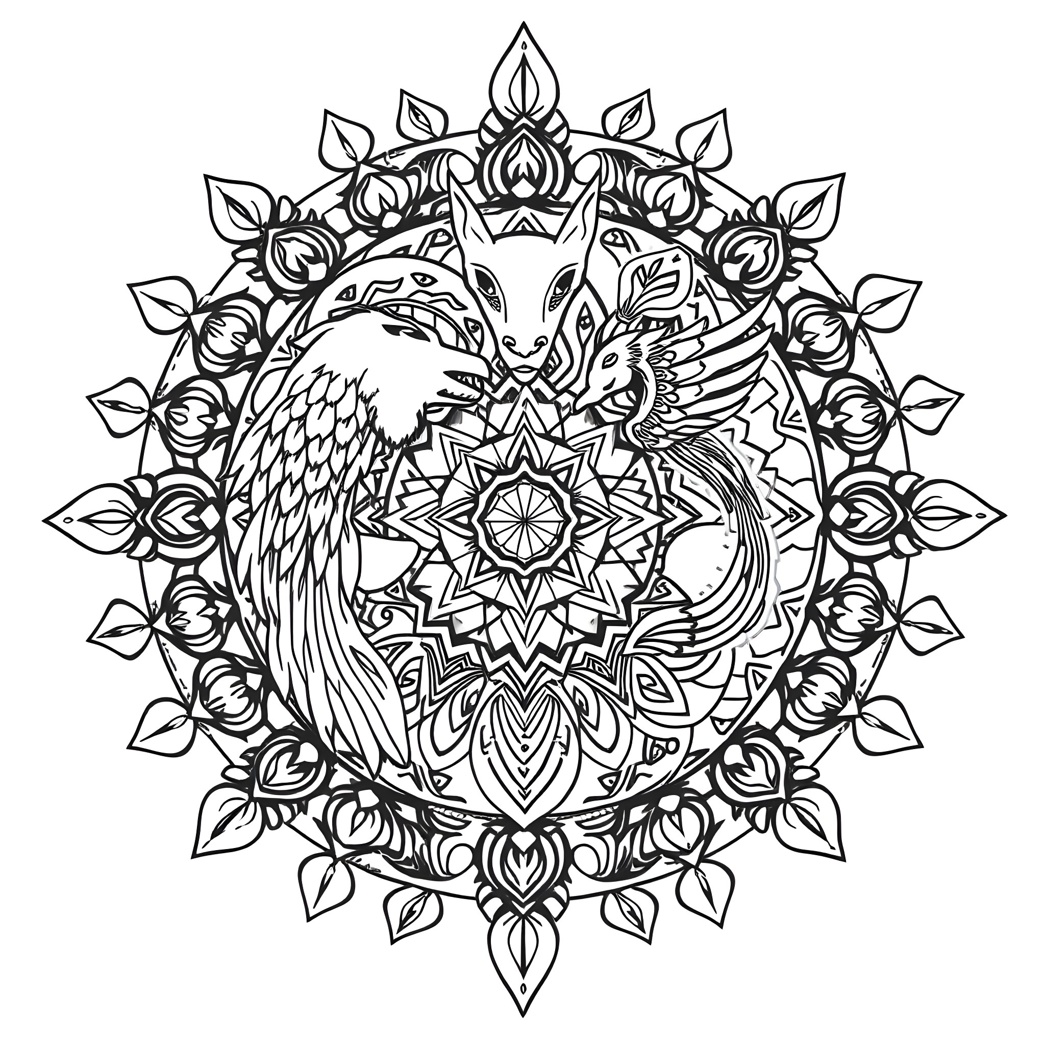 Mandala with intricate mythical creatures Coloring Page (free black-and-white line drawing printable PDF for all, from beginners to advanced learners, including children, teens, adults, and seniors)