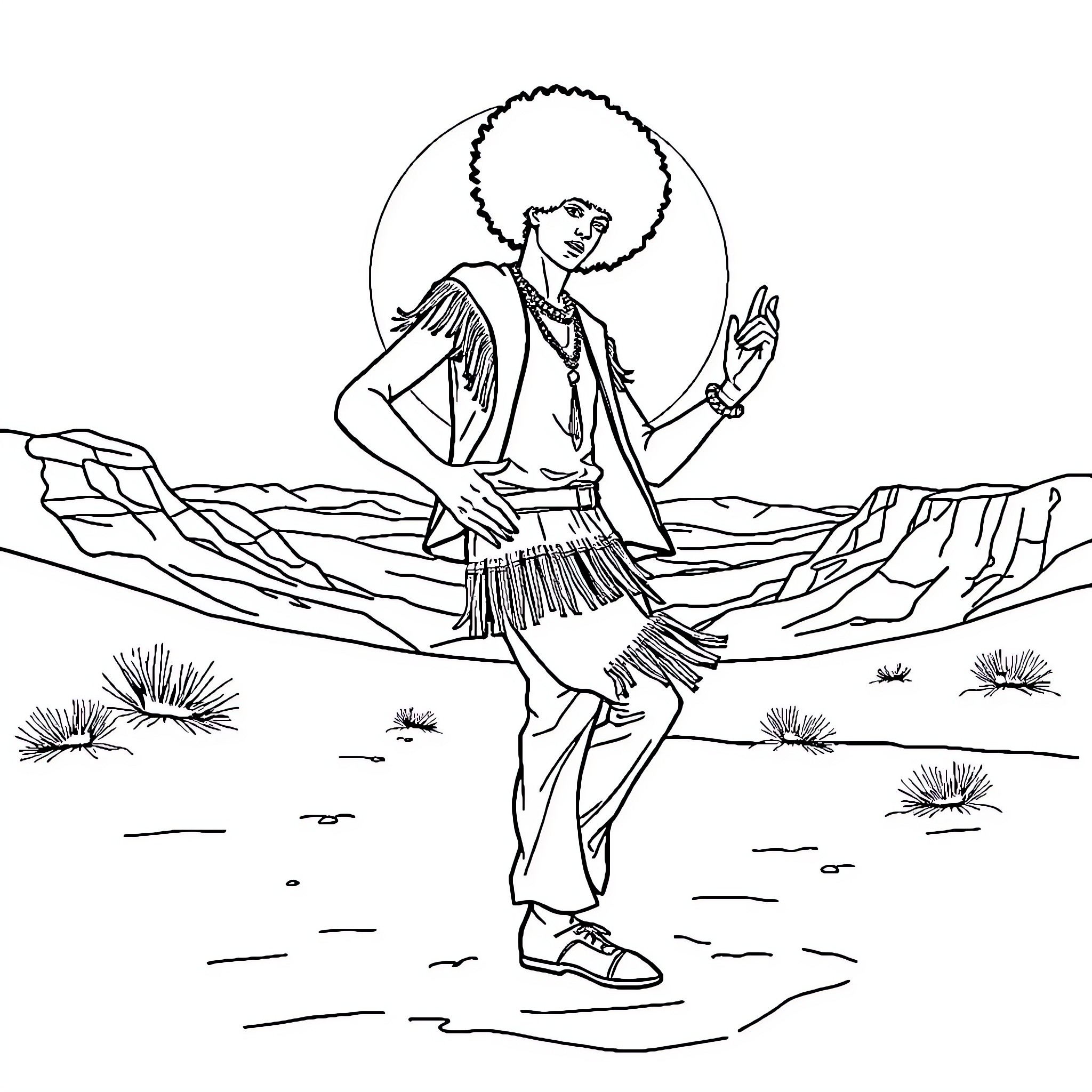 Tap Guy Dancing Joyfully in the Desert Coloring Page (free black-and-white line drawing printable PDF for all, from beginners to advanced learners, including children, teens, adults, and seniors)