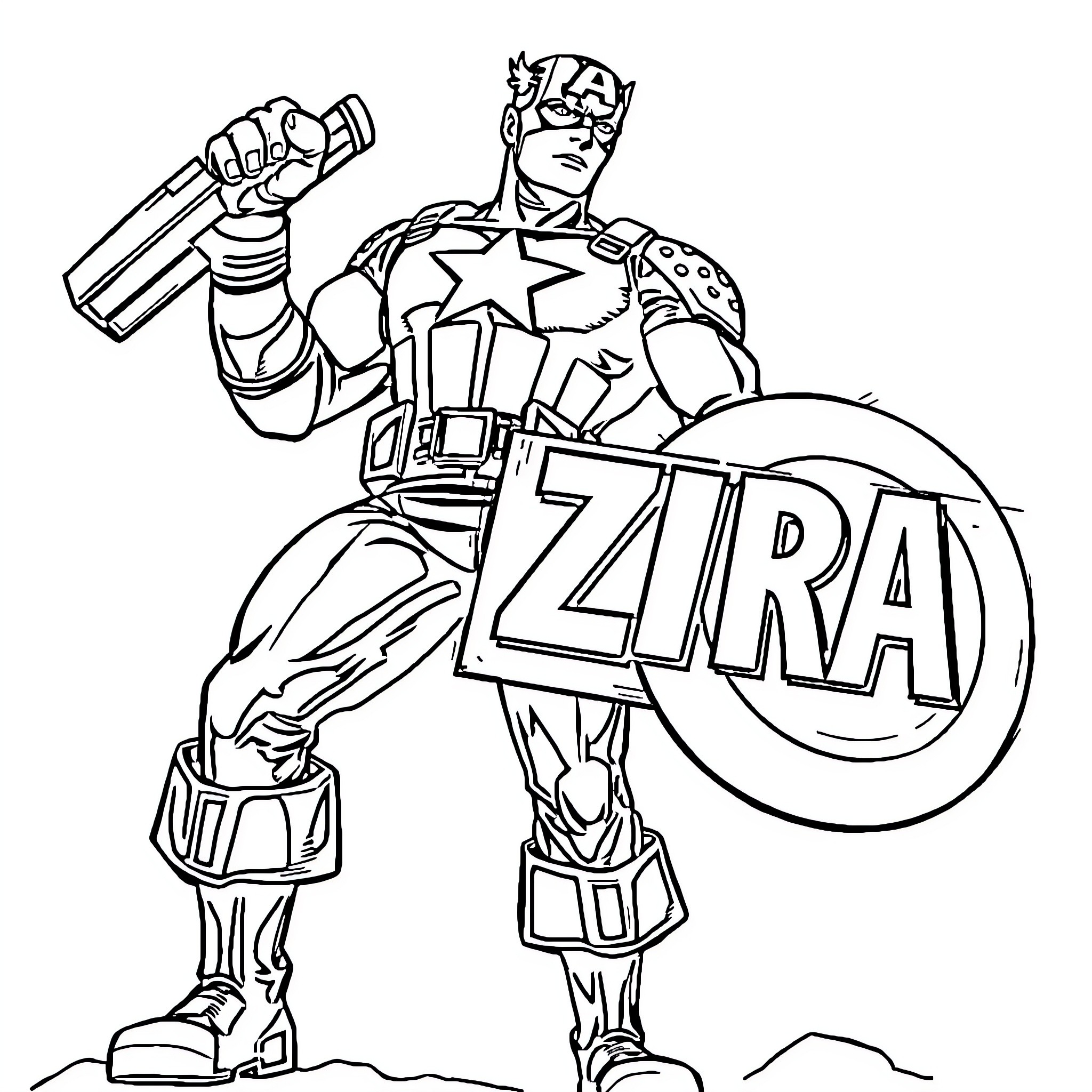 Captain America in Action with Zira Banner Coloring Page (free black-and-white line drawing printable PDF for all, from beginners to advanced learners, including children, teens, adults, and seniors)