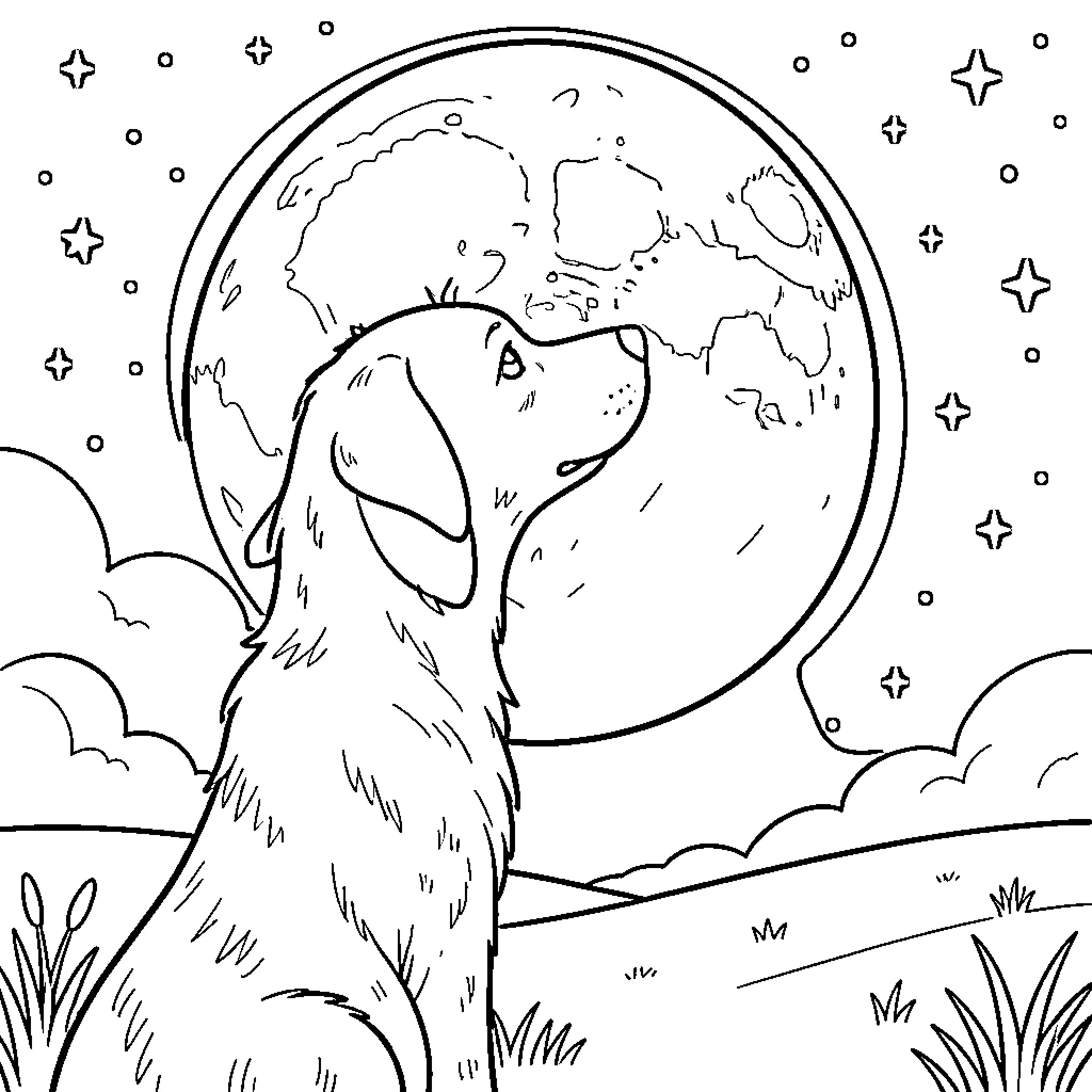 Dog admiring the night sky Coloring Page (free black-and-white line drawing printable PDF for all, from beginners to advanced learners, including children, teens, adults, and seniors)