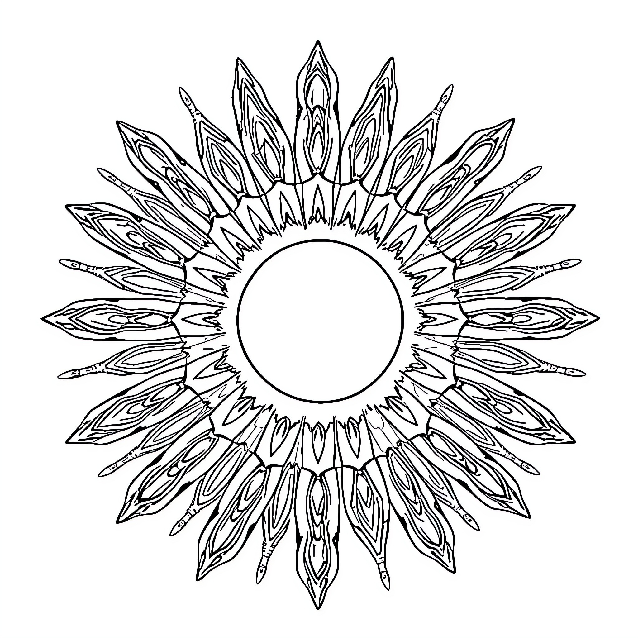 Sun-Inspired Decorative Motif Coloring Page (free black-and-white line drawing printable PDF for all, from beginners to advanced learners, including children, teens, adults, and seniors)