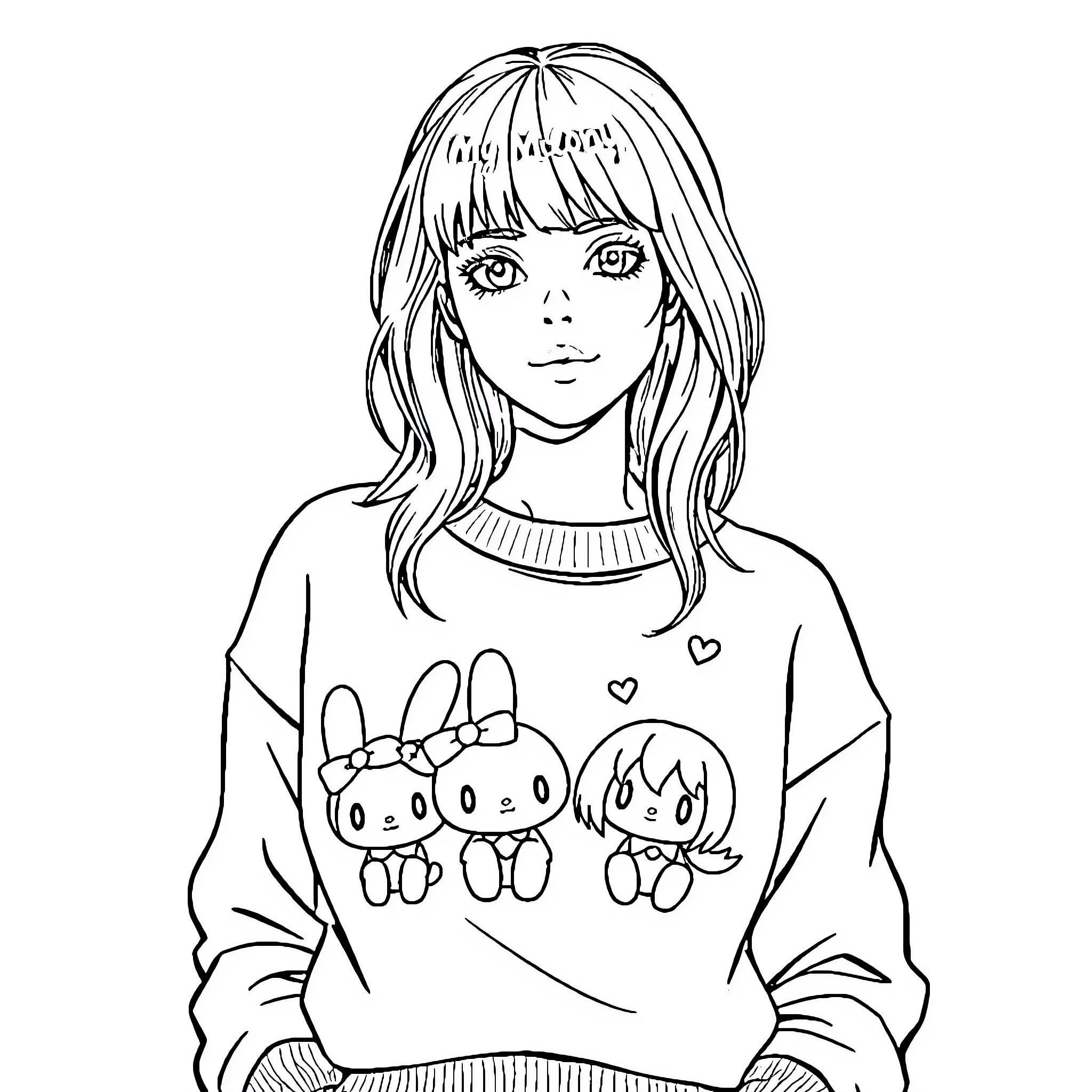 Woman with cartoon character patterned sweater Coloring Page (free black-and-white line drawing printable PDF for all, from beginners to advanced learners, including children, teens, adults, and seniors)