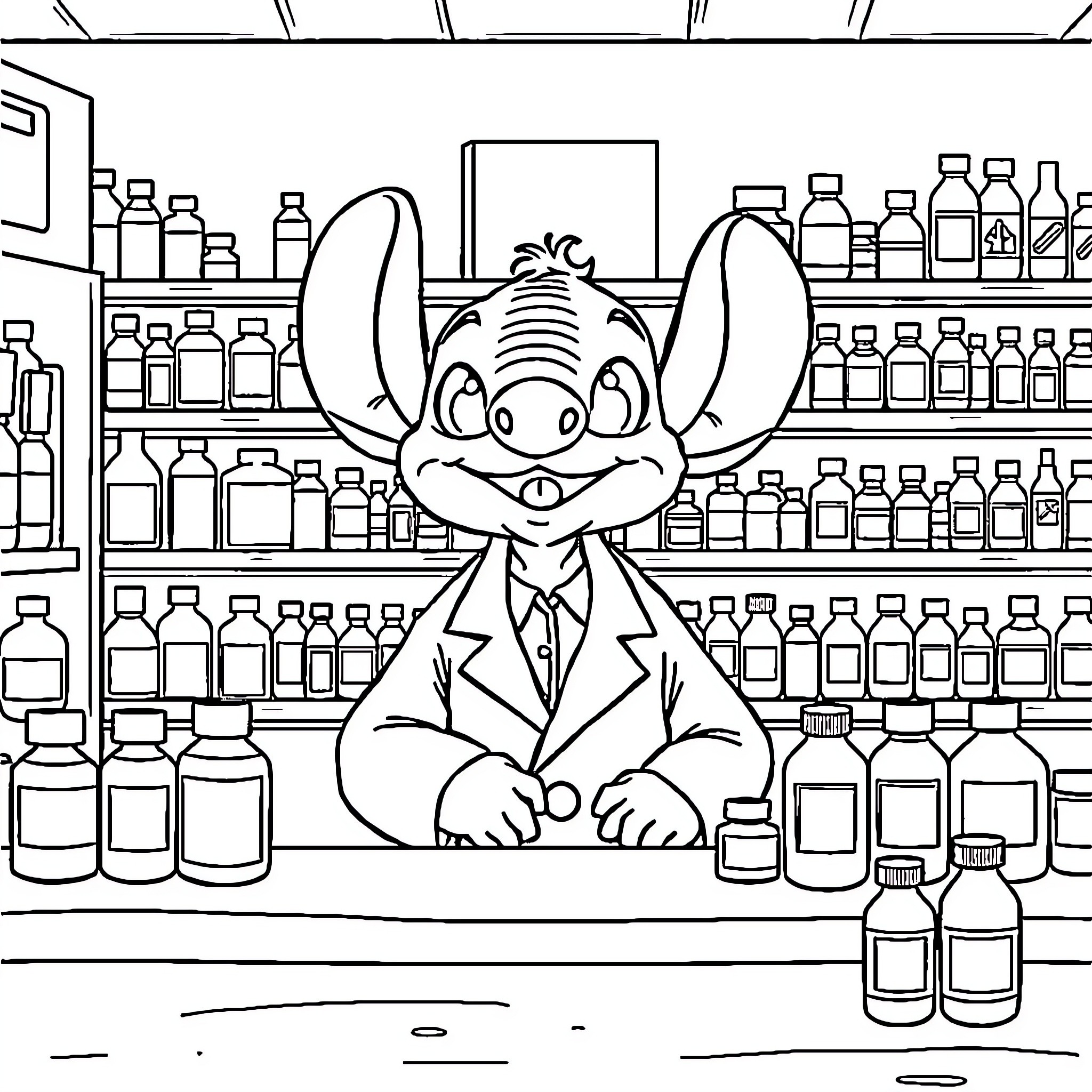 Stitch dressed as a scientist in a laboratory Coloring Page (free black-and-white line drawing printable PDF for all, from beginners to advanced learners, including children, teens, adults, and seniors)