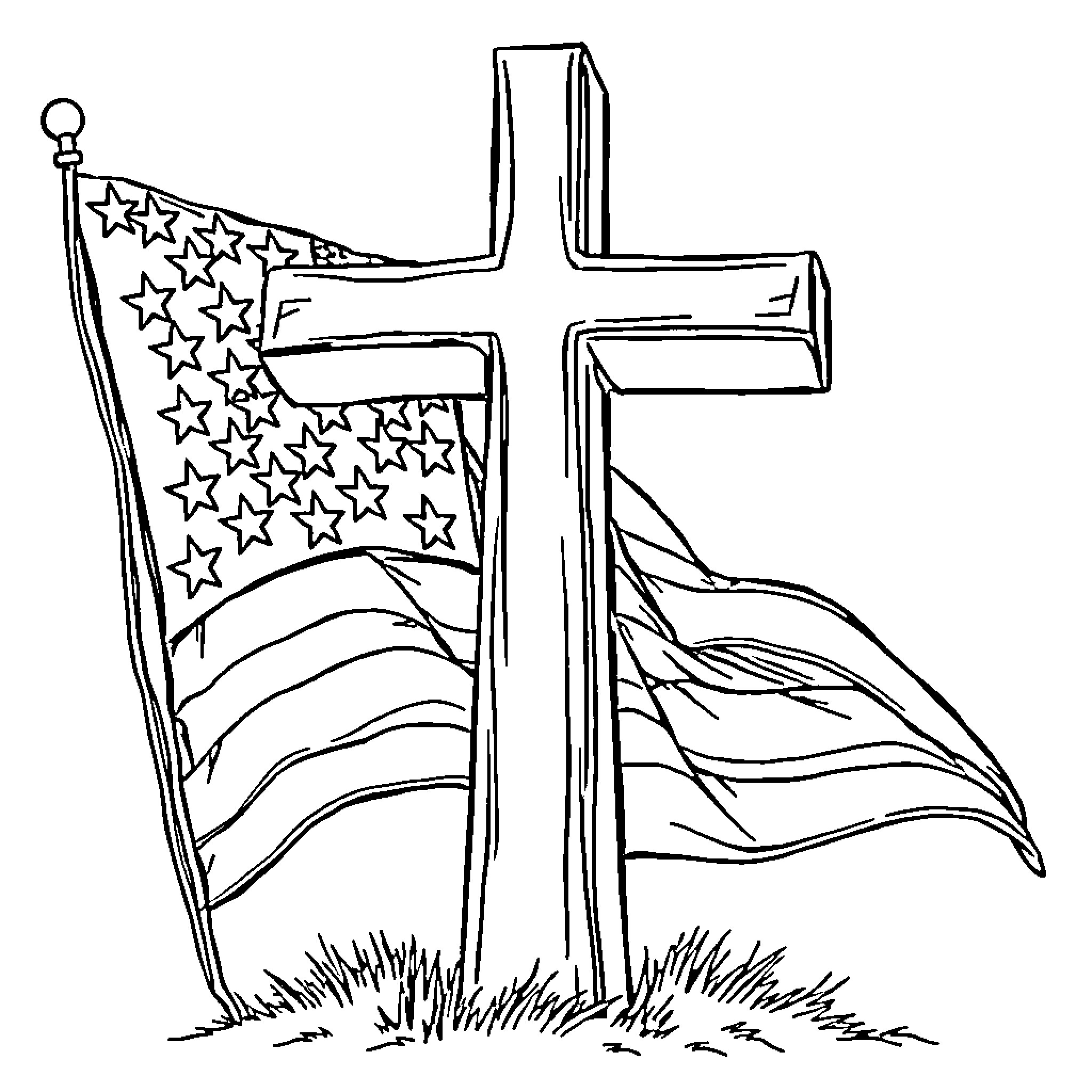 Cross with American Flag Waving Coloring Page (free black-and-white line drawing printable PDF for all, from beginners to advanced learners, including children, teens, adults, and seniors)