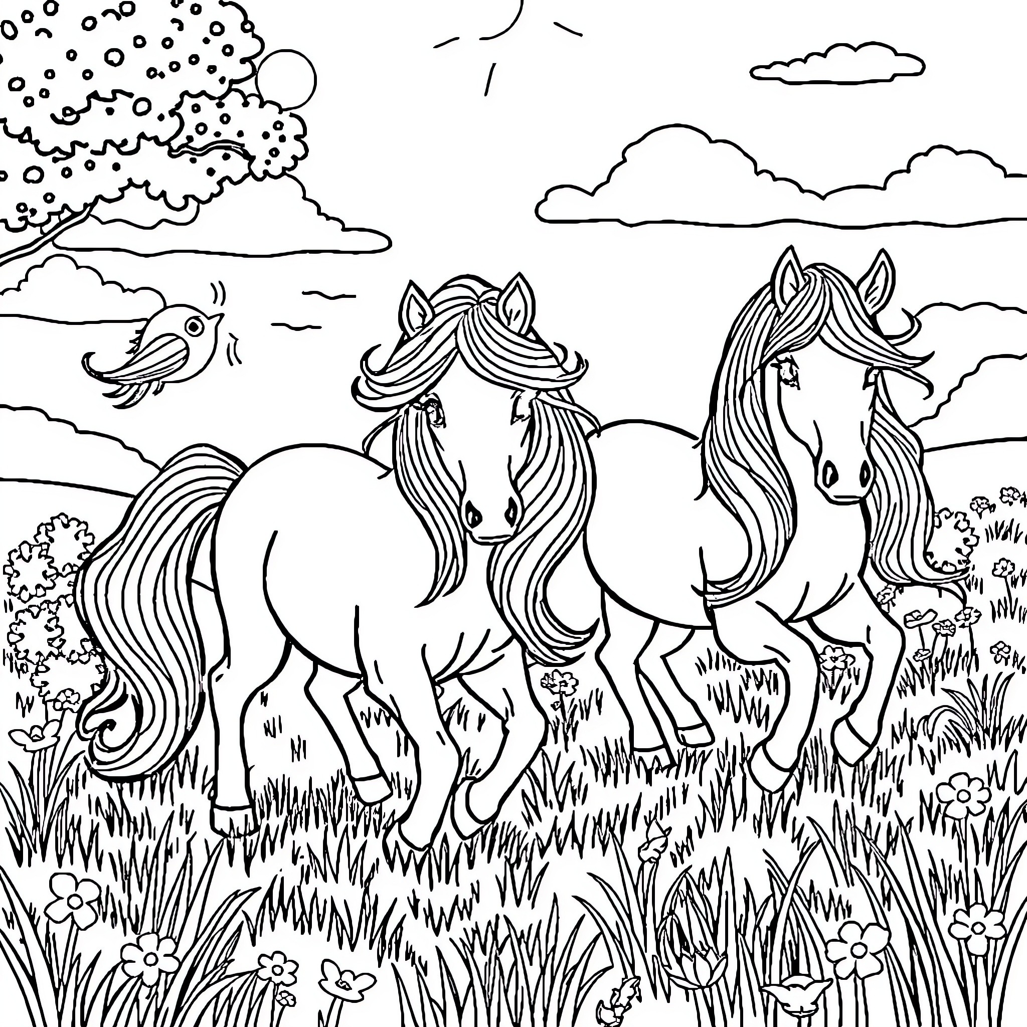 Pony pair frolicking in the meadow Coloring Page (free black-and-white line drawing printable PDF for all, from beginners to advanced learners, including children, teens, adults, and seniors)