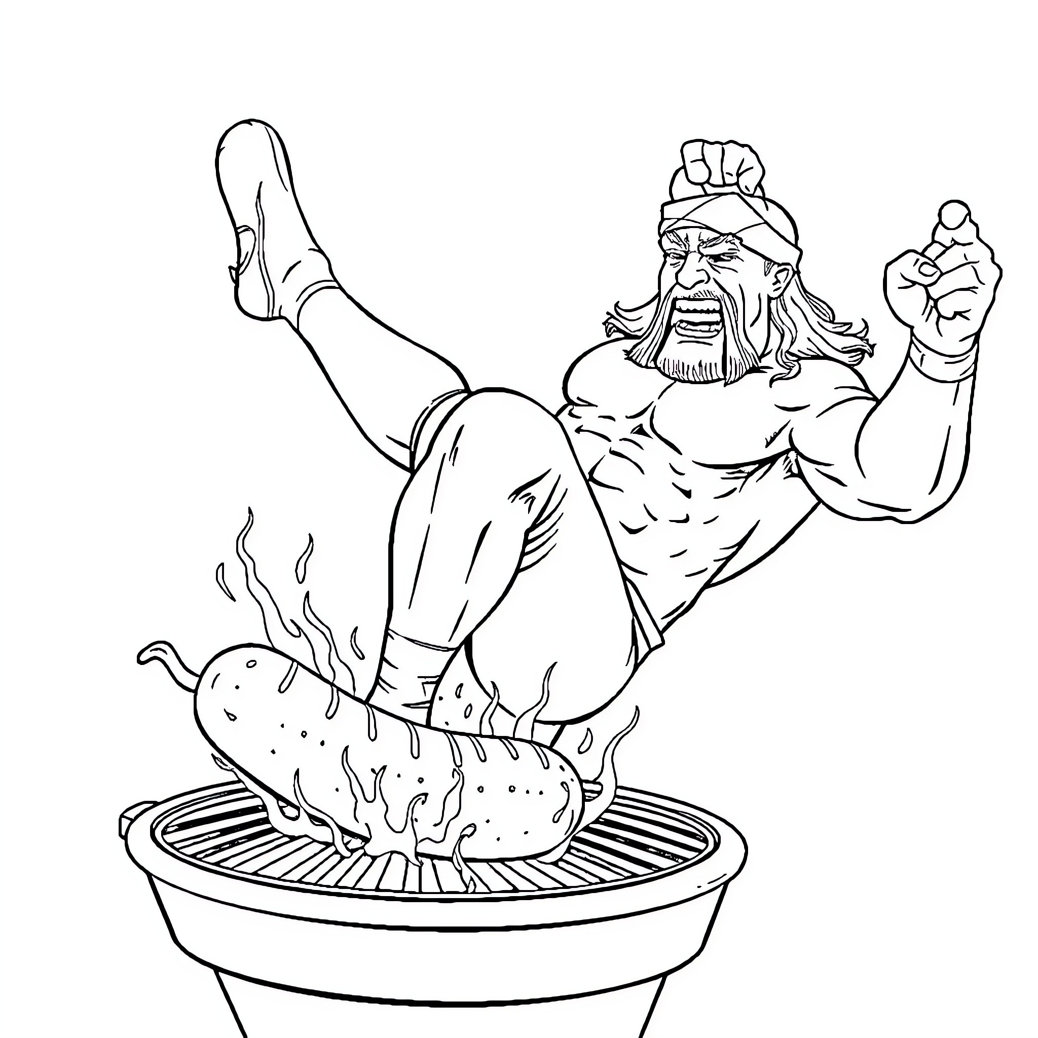 Hulk Hogan enthusiastically grilling a tasty meal Coloring Page (free black-and-white line drawing printable PDF for all, from beginners to advanced learners, including children, teens, adults, and seniors)