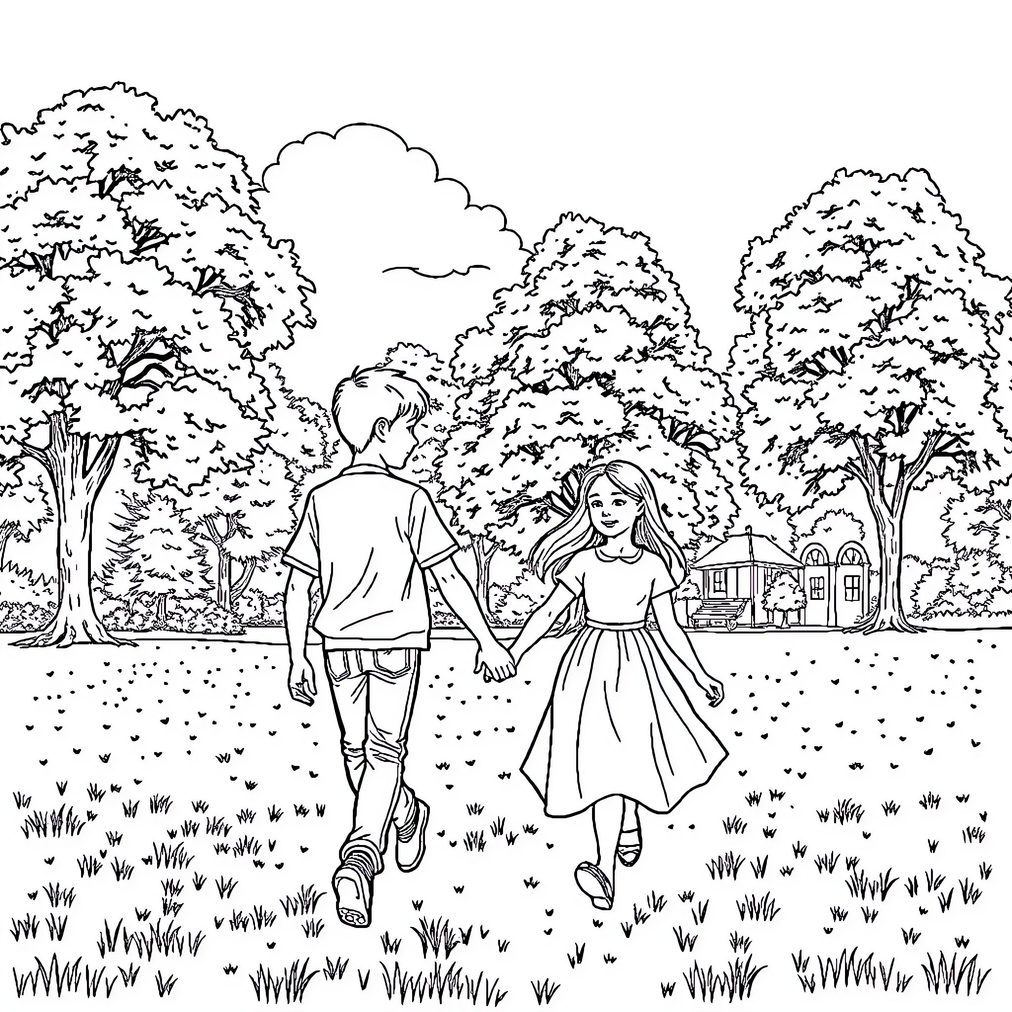 Boy and Girl Walking Happily in a Park Coloring Page (free black-and-white line drawing printable PDF for all, from beginners to advanced learners, including children, teens, adults, and seniors)