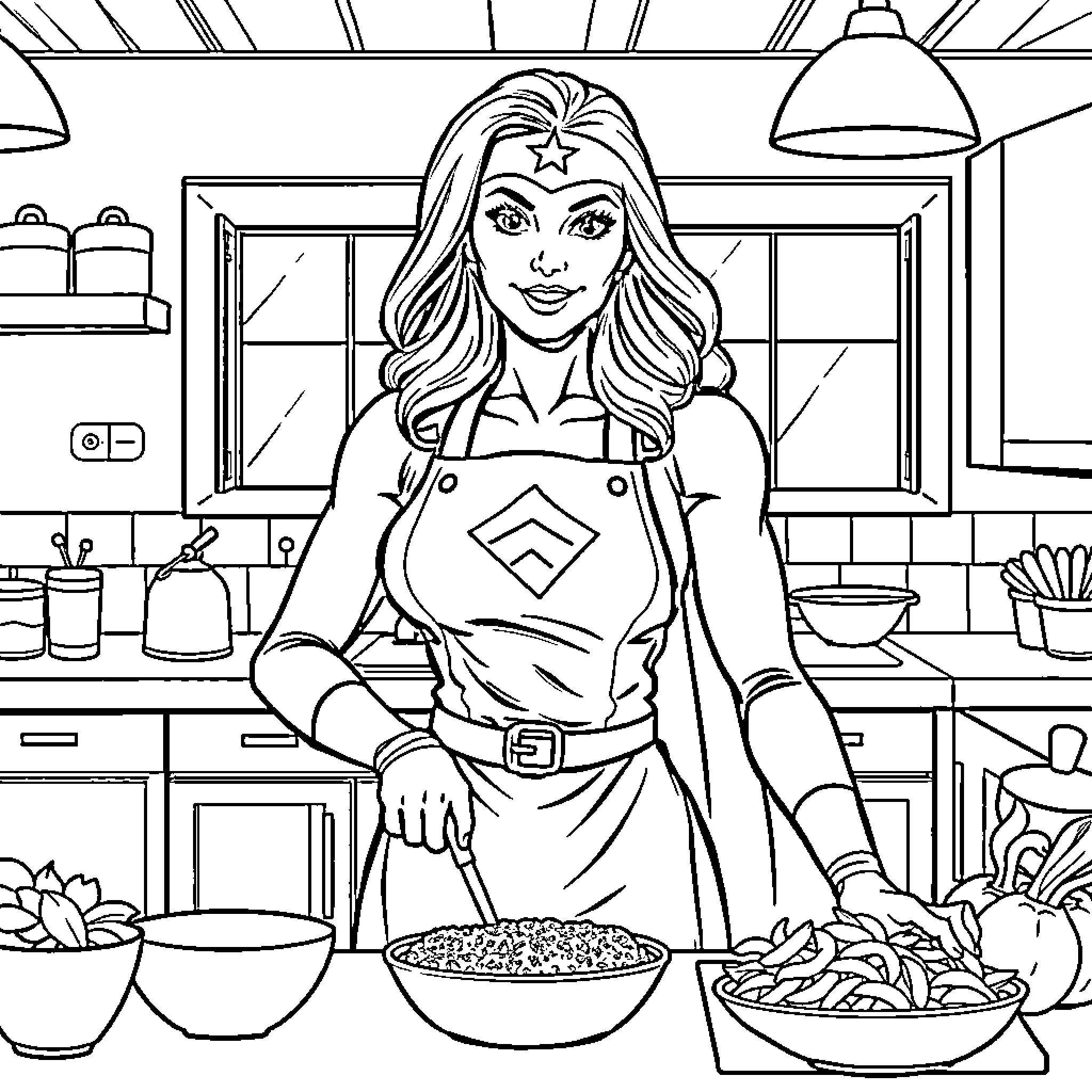 Superwoman Cooks a Wholesome Meal in the Kitchen Coloring Page (free black-and-white line drawing printable PDF for all, from beginners to advanced learners, including children, teens, adults, and seniors)
