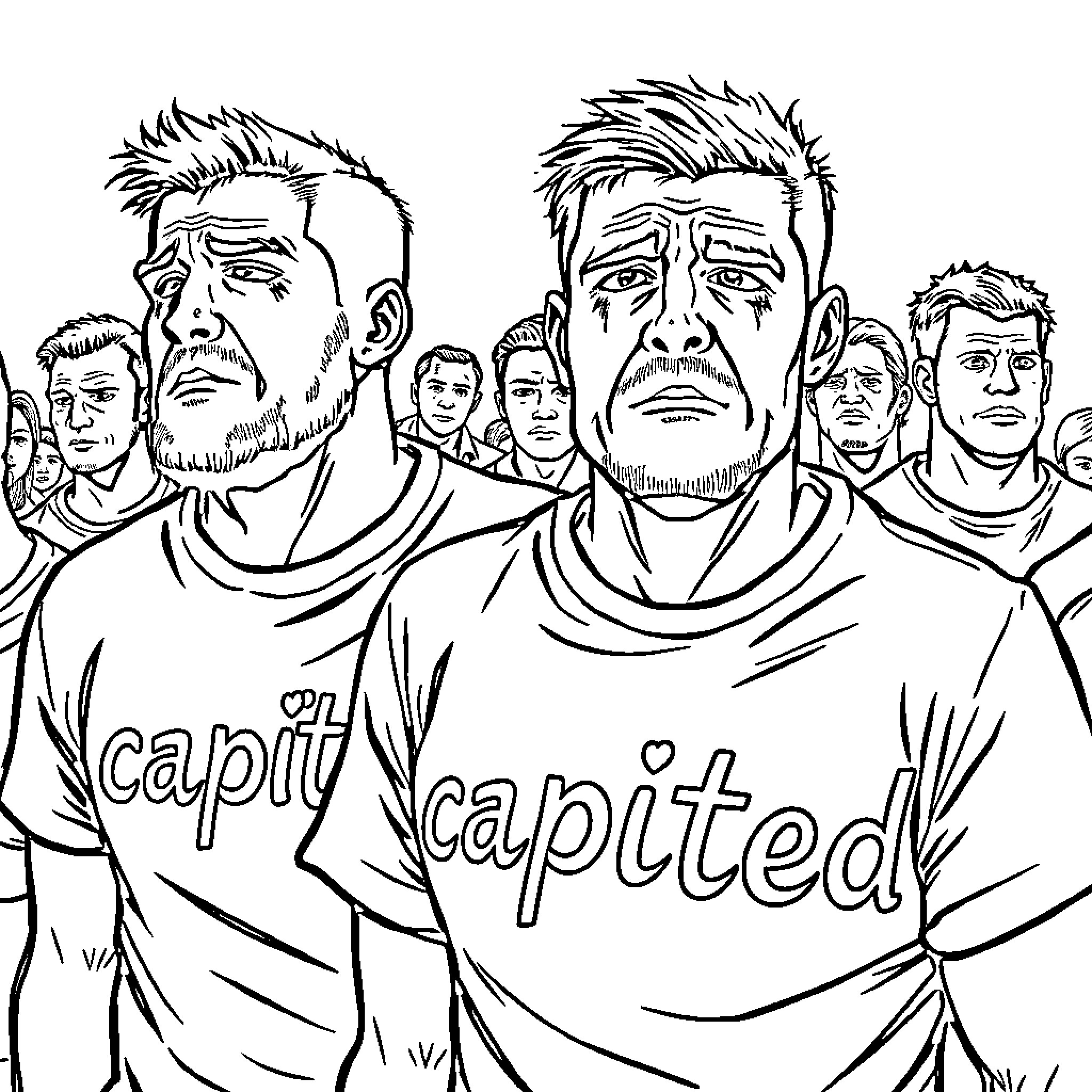 Man and his team in serious expressions Coloring Page (free black-and-white line drawing printable PDF for all, from beginners to advanced learners, including children, teens, adults, and seniors)