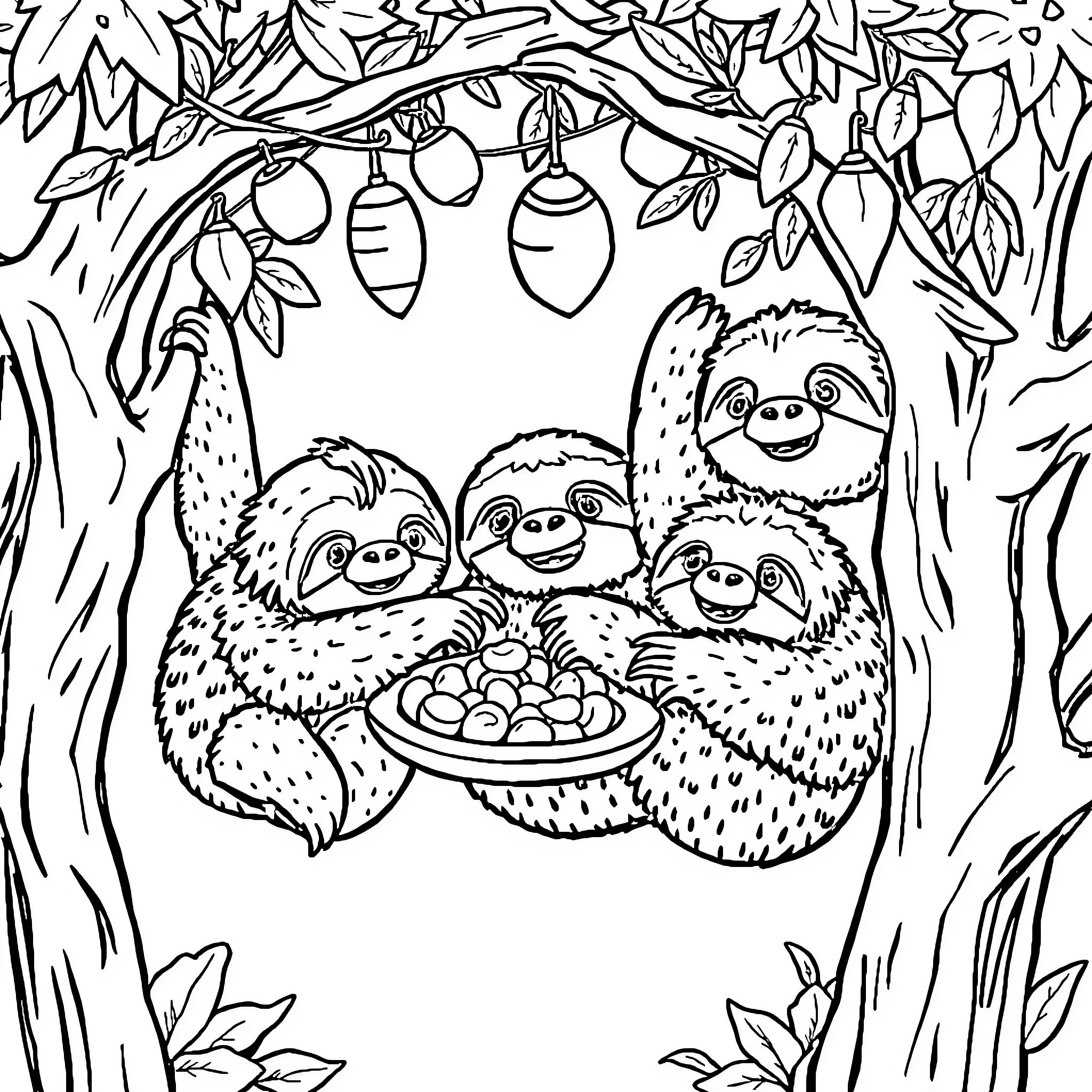 Sloth family enjoying a tropical fruit feast Coloring Page (free black-and-white line drawing printable PDF for all, from beginners to advanced learners, including children, teens, adults, and seniors)